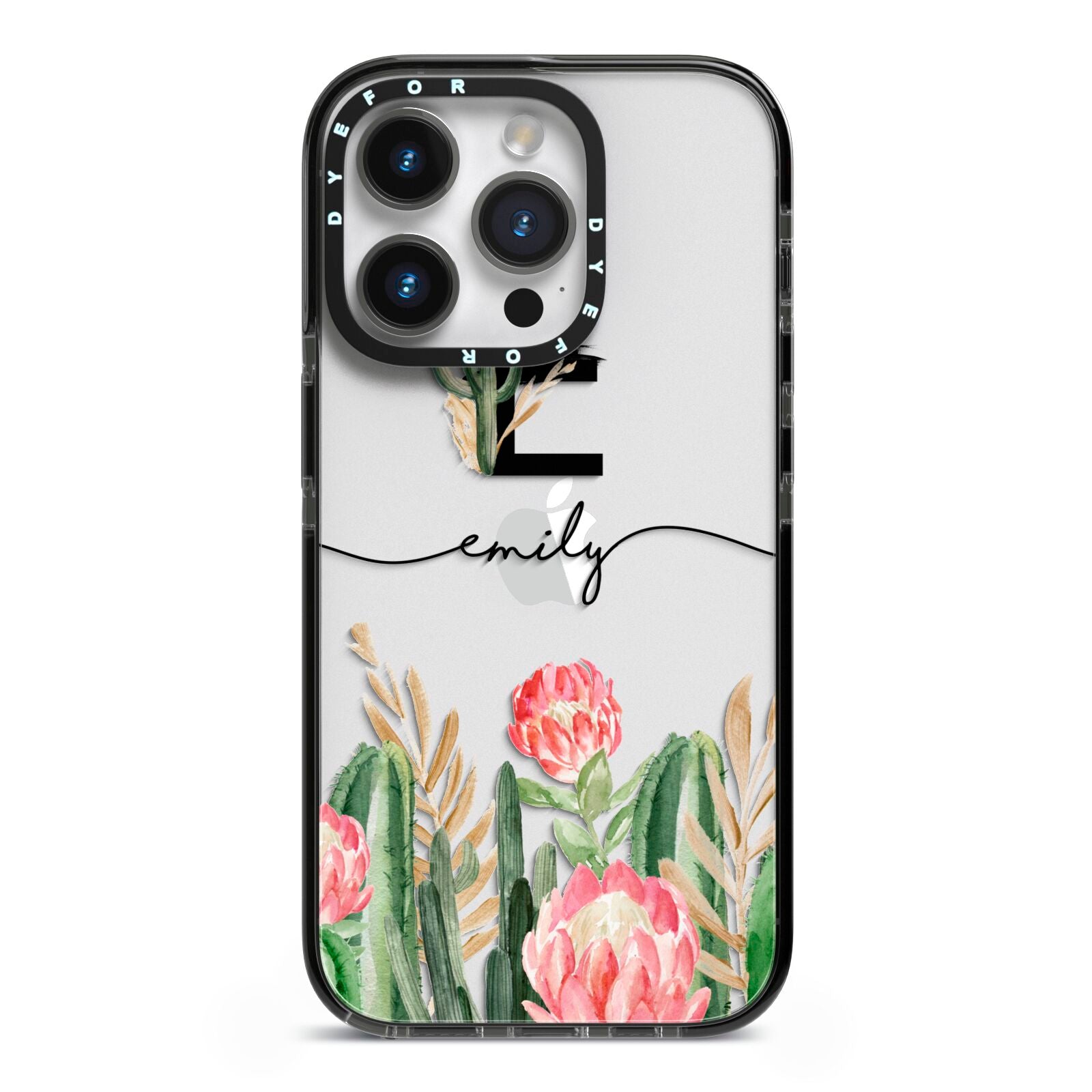 Personalised Cactus iPhone 14 Pro Black Impact Case on Silver phone