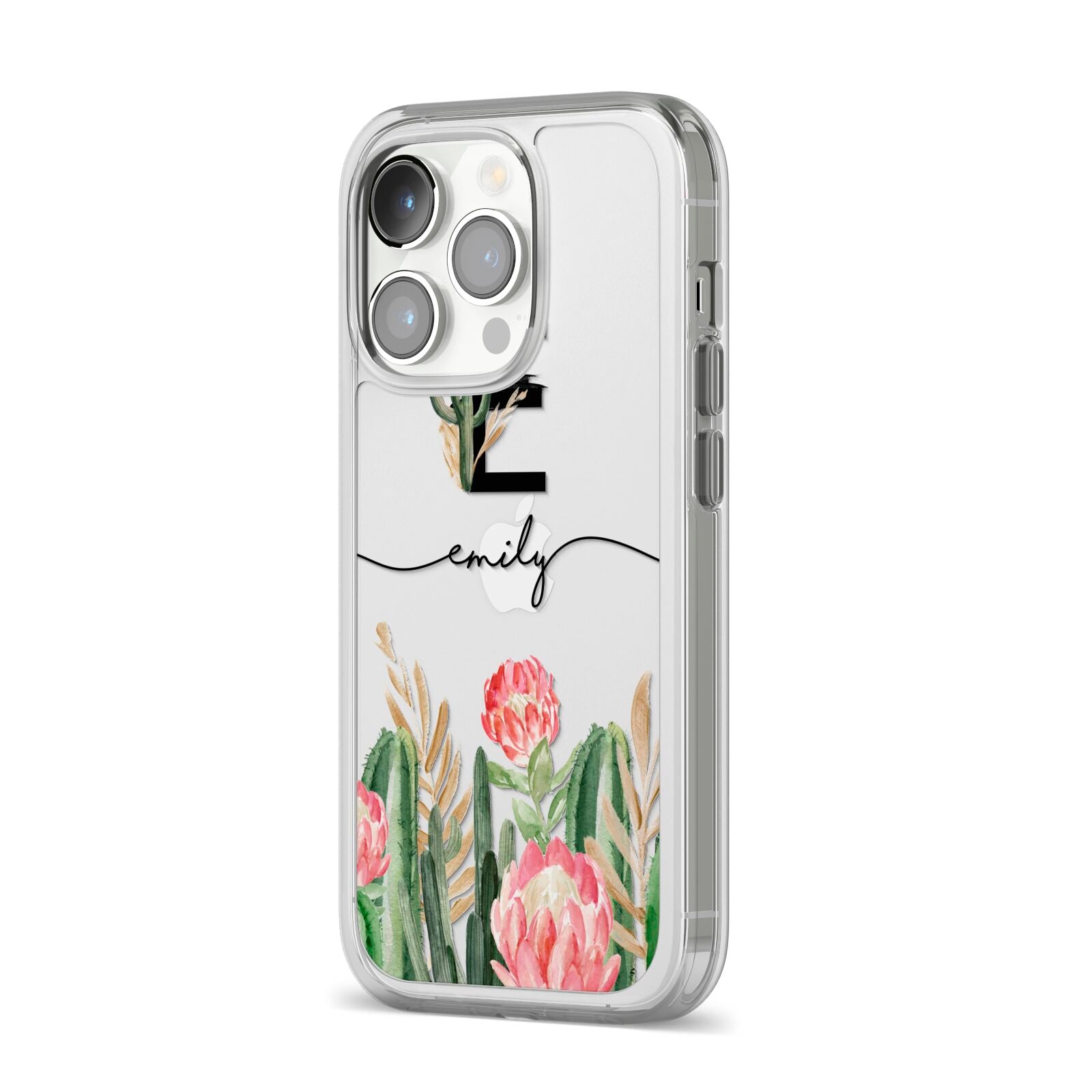 Personalised Cactus iPhone 14 Pro Clear Tough Case Silver Angled Image