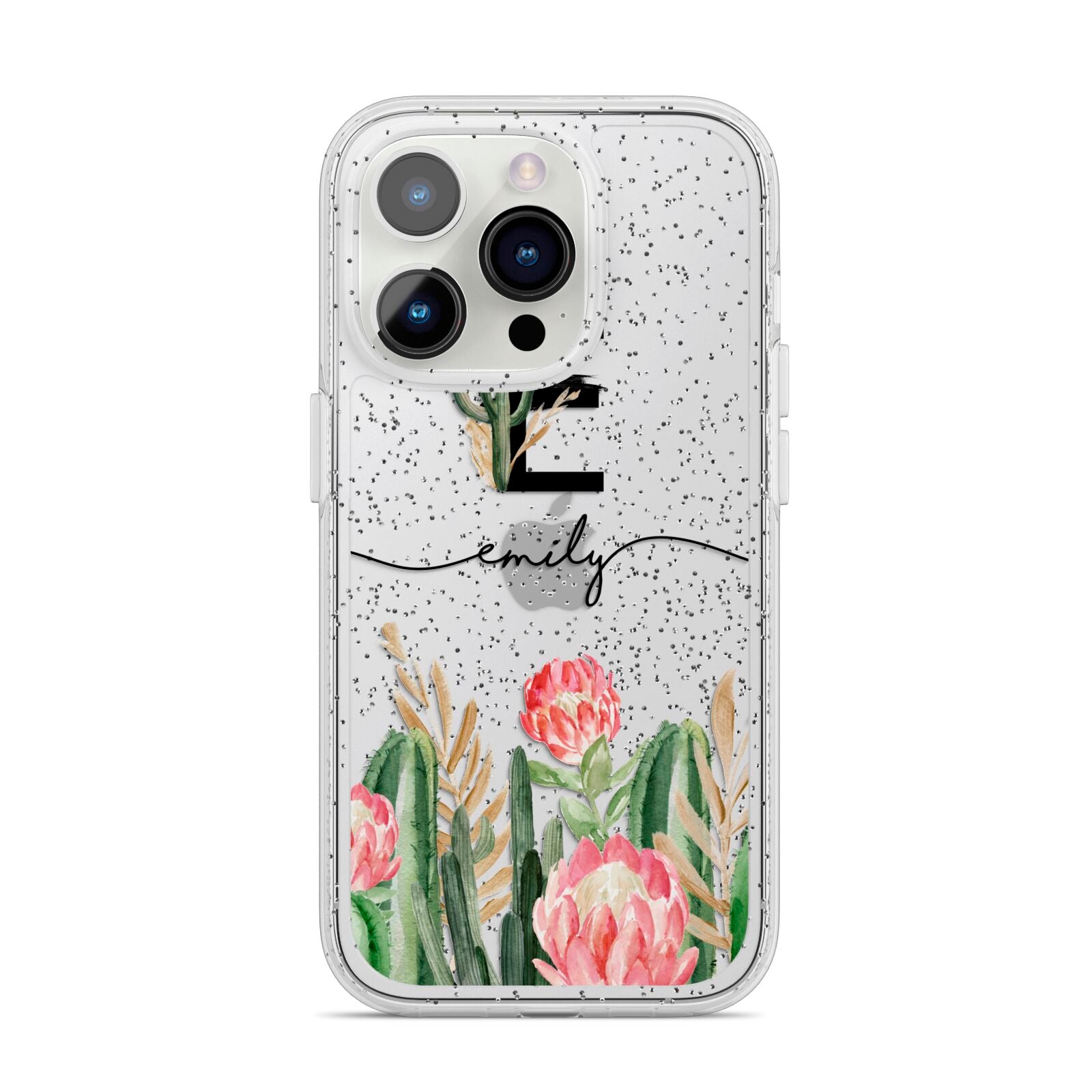 Personalised Cactus iPhone 14 Pro Glitter Tough Case Silver