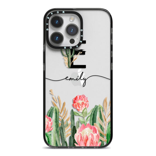 Personalised Cactus iPhone 14 Pro Max Black Impact Case on Silver phone