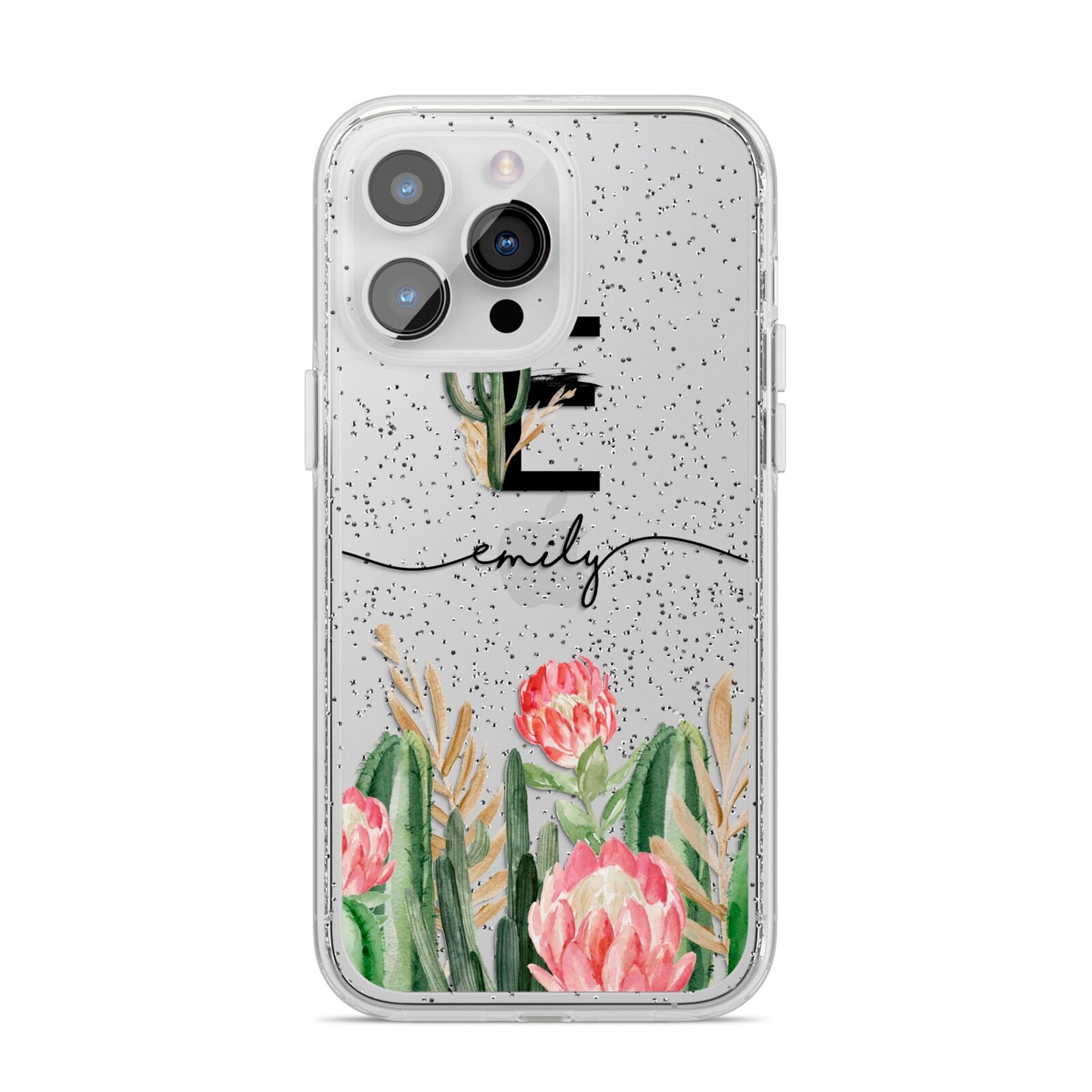 Personalised Cactus iPhone 14 Pro Max Glitter Tough Case Silver