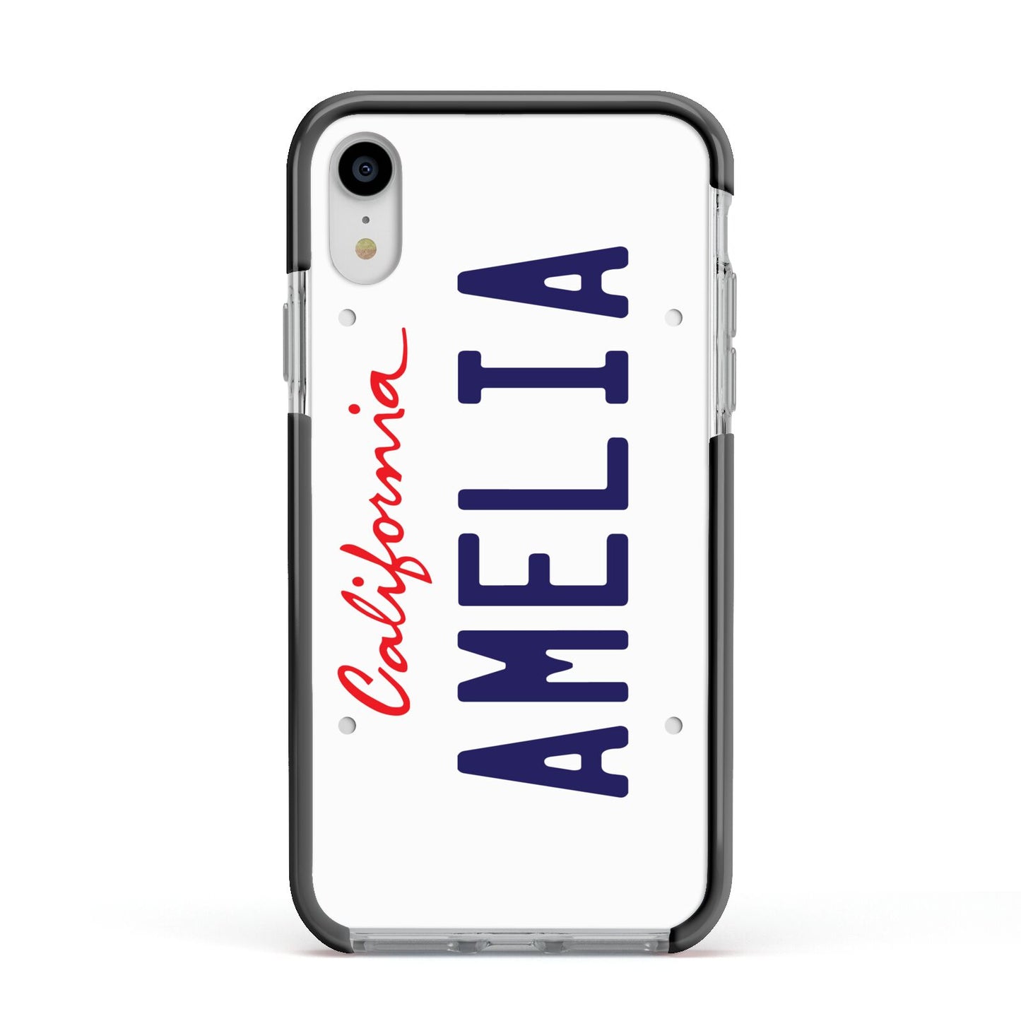 Personalised California License Plate Apple iPhone XR Impact Case Black Edge on Silver Phone