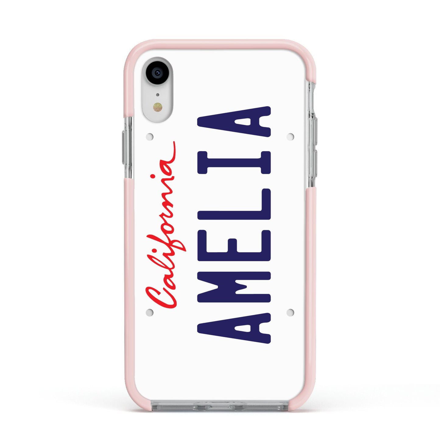 Personalised California License Plate Apple iPhone XR Impact Case Pink Edge on Silver Phone