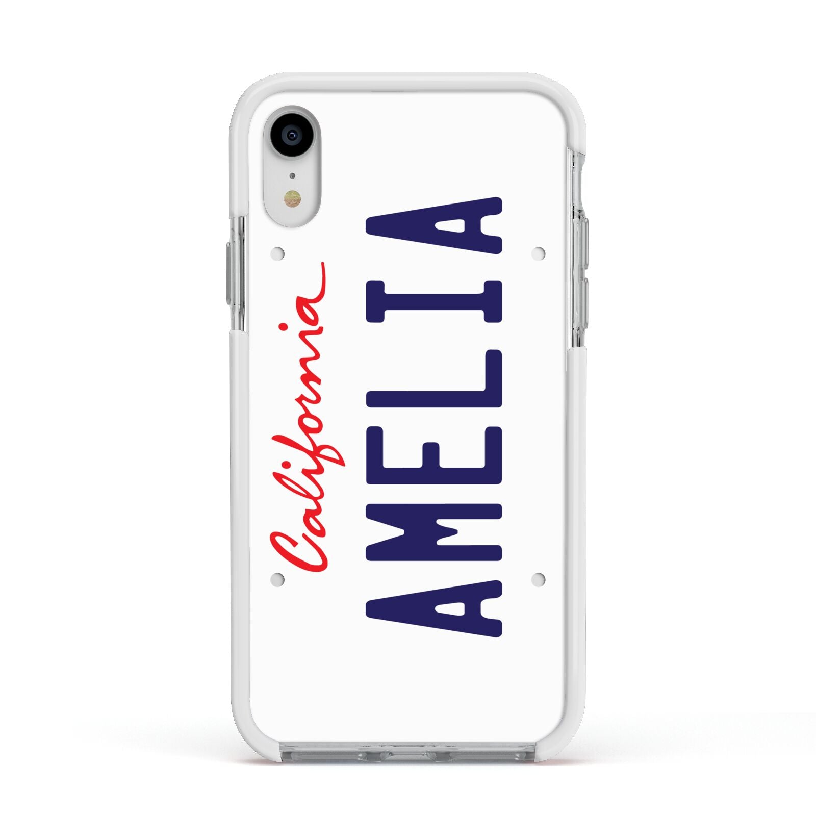 Personalised California License Plate Apple iPhone XR Impact Case White Edge on Silver Phone