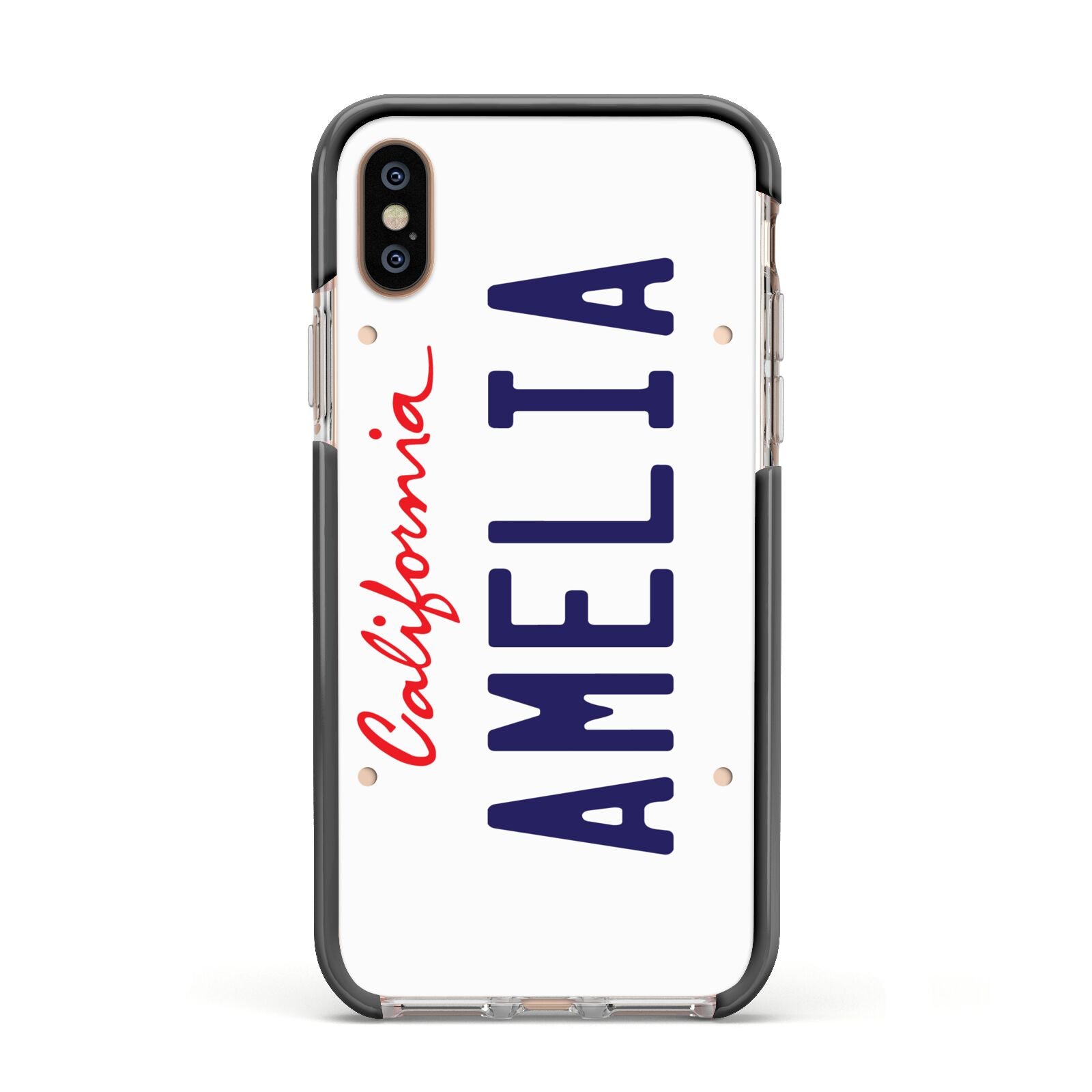 Personalised California License Plate Apple iPhone Xs Impact Case Black Edge on Gold Phone