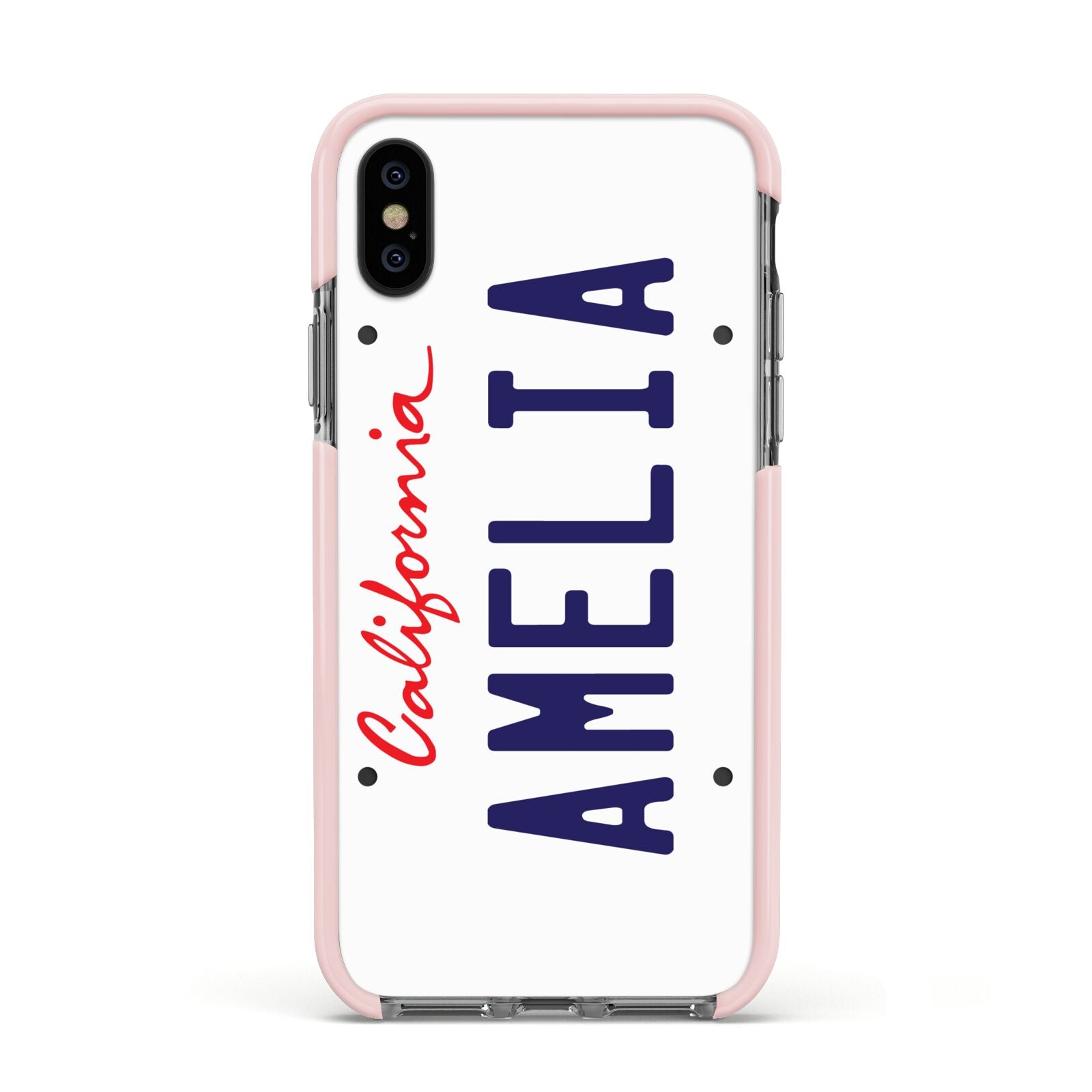 Personalised California License Plate Apple iPhone Xs Impact Case Pink Edge on Black Phone