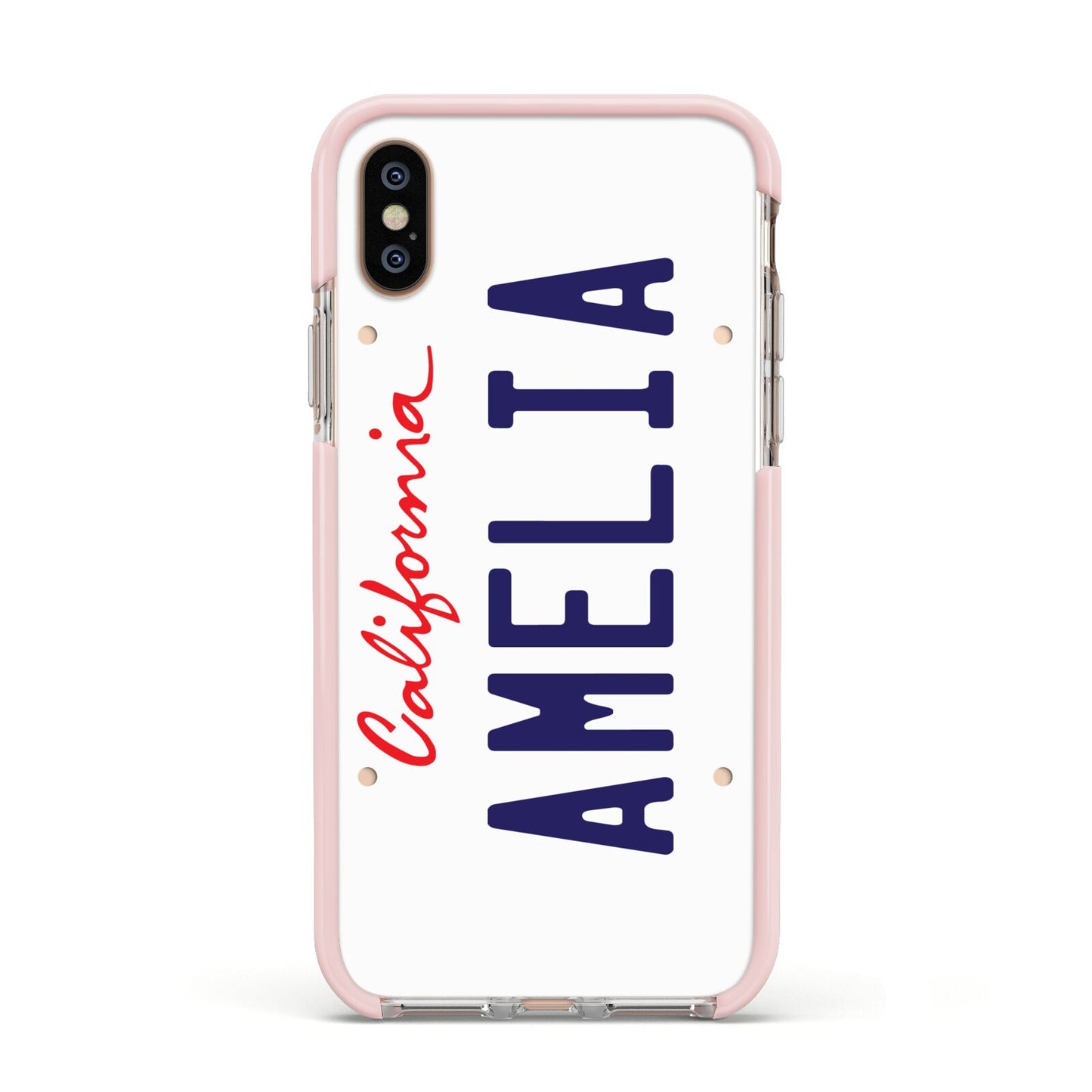 Personalised California License Plate Apple iPhone Xs Impact Case Pink Edge on Gold Phone