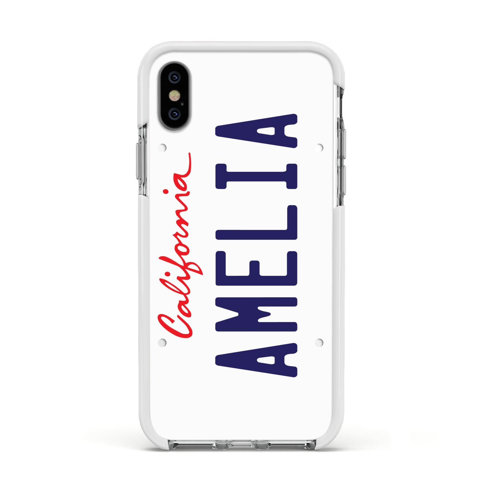 Personalised California License Plate Apple iPhone Xs Impact Case White Edge on Silver Phone