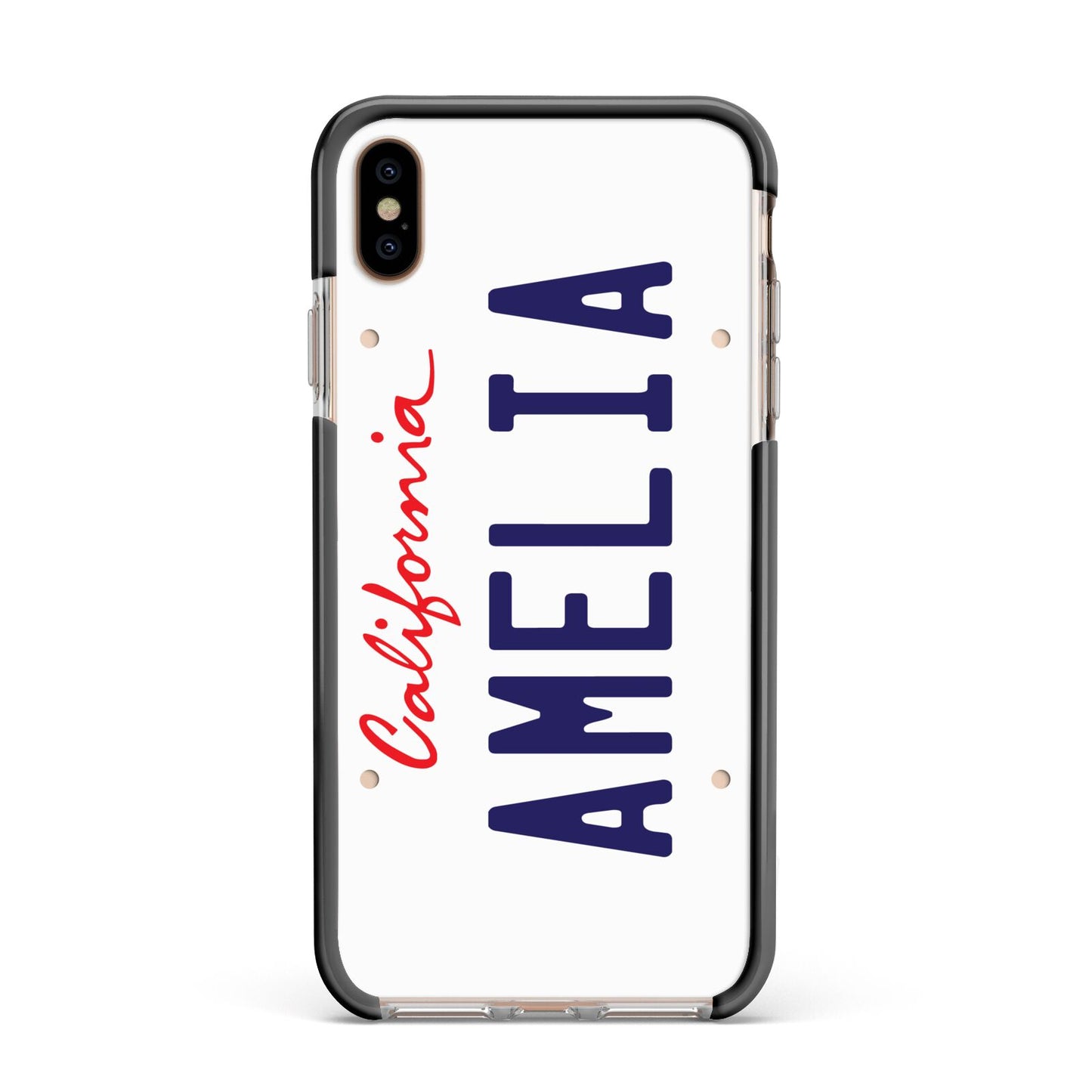 Personalised California License Plate Apple iPhone Xs Max Impact Case Black Edge on Gold Phone