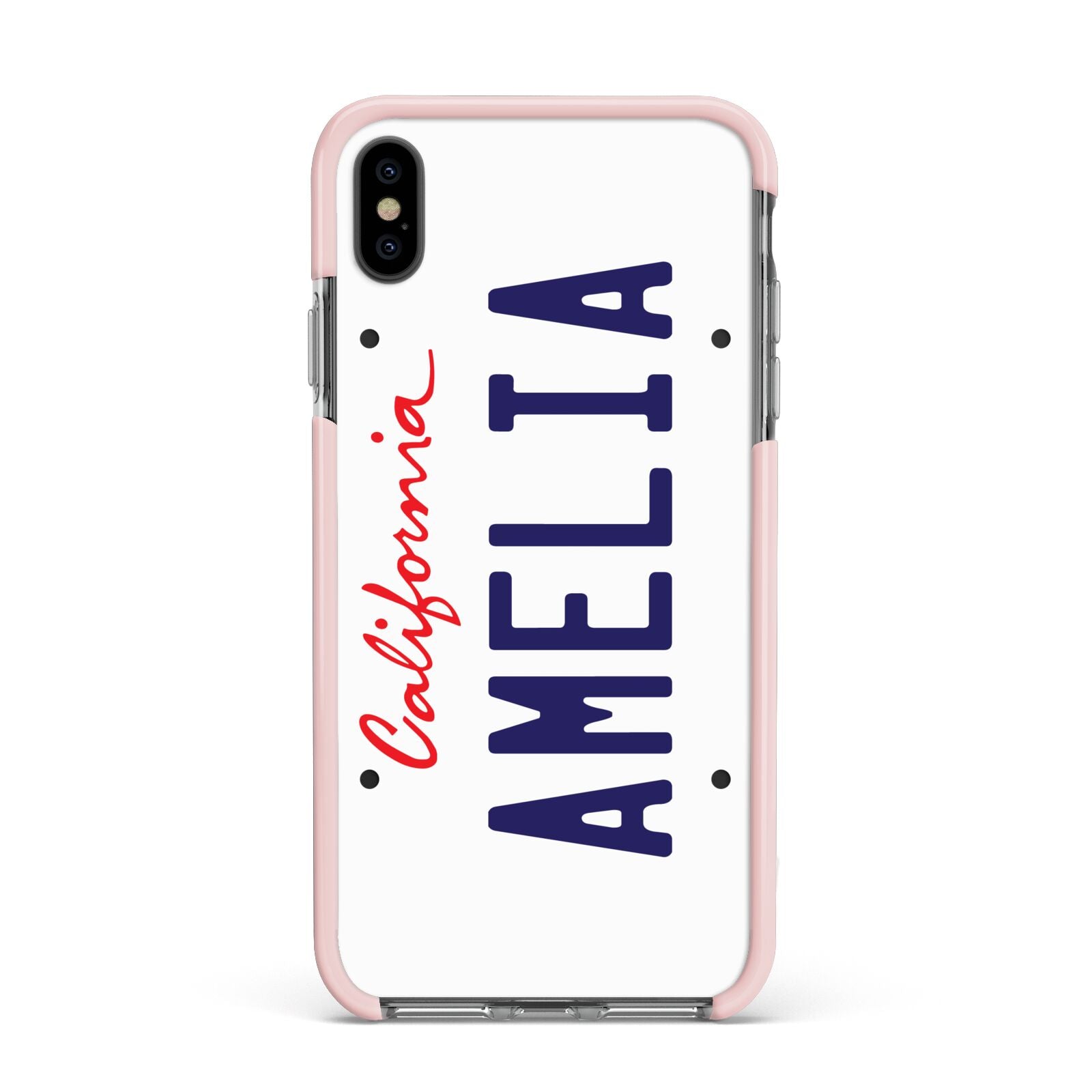 Personalised California License Plate Apple iPhone Xs Max Impact Case Pink Edge on Black Phone