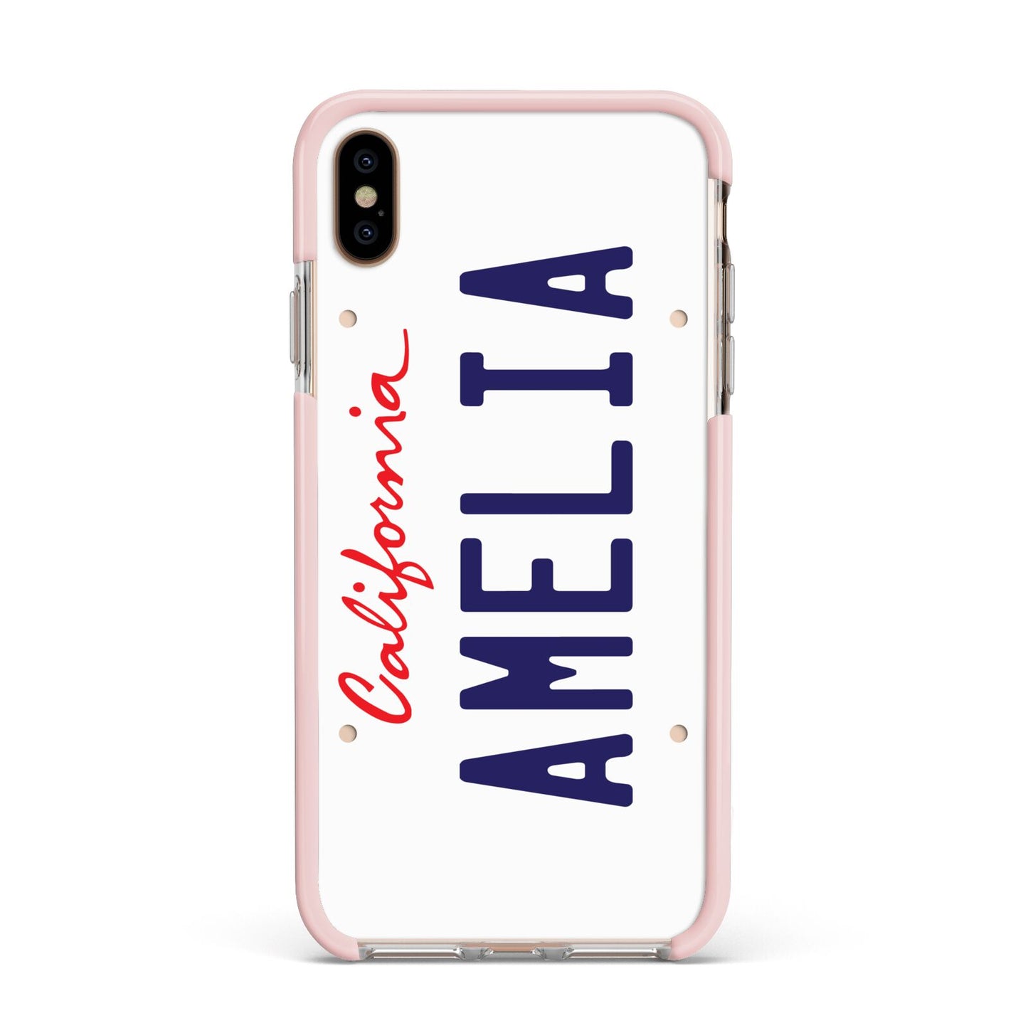 Personalised California License Plate Apple iPhone Xs Max Impact Case Pink Edge on Gold Phone