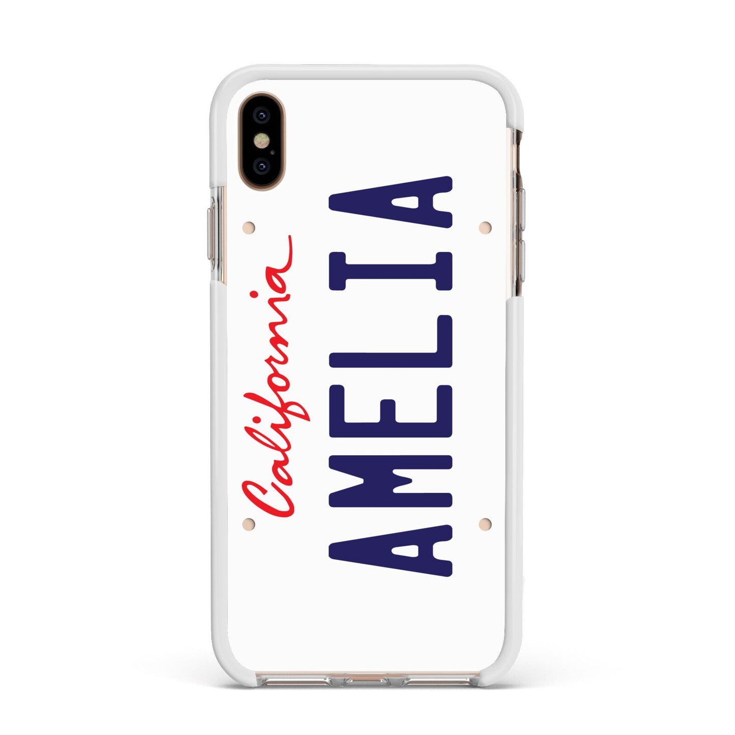 Personalised California License Plate Apple iPhone Xs Max Impact Case White Edge on Gold Phone