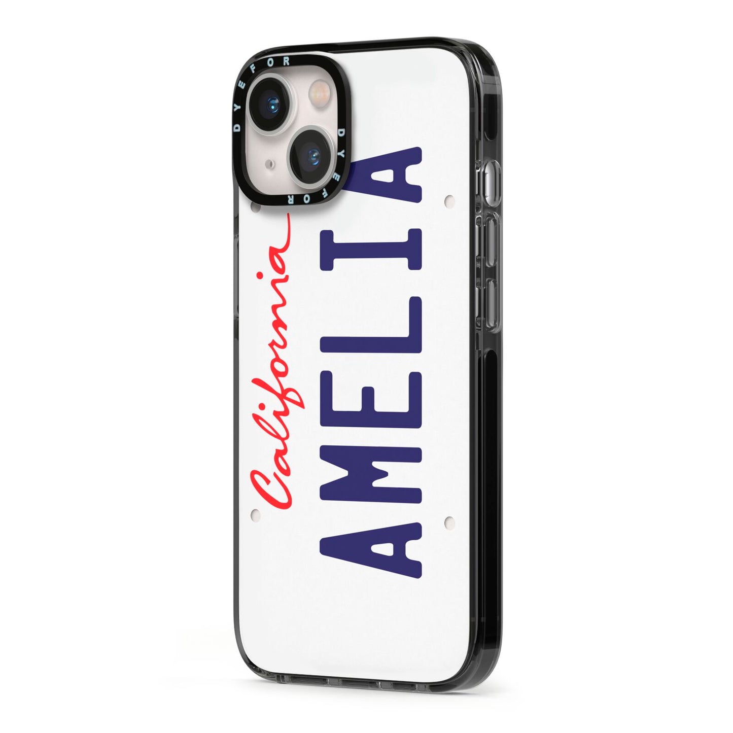 Personalised California License Plate iPhone 13 Black Impact Case Side Angle on Silver phone