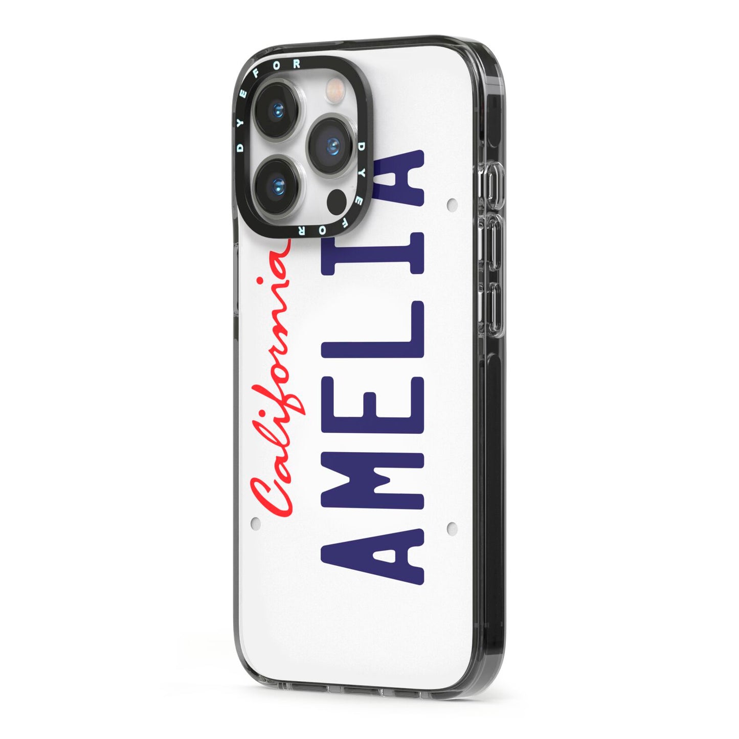 Personalised California License Plate iPhone 13 Pro Black Impact Case Side Angle on Silver phone