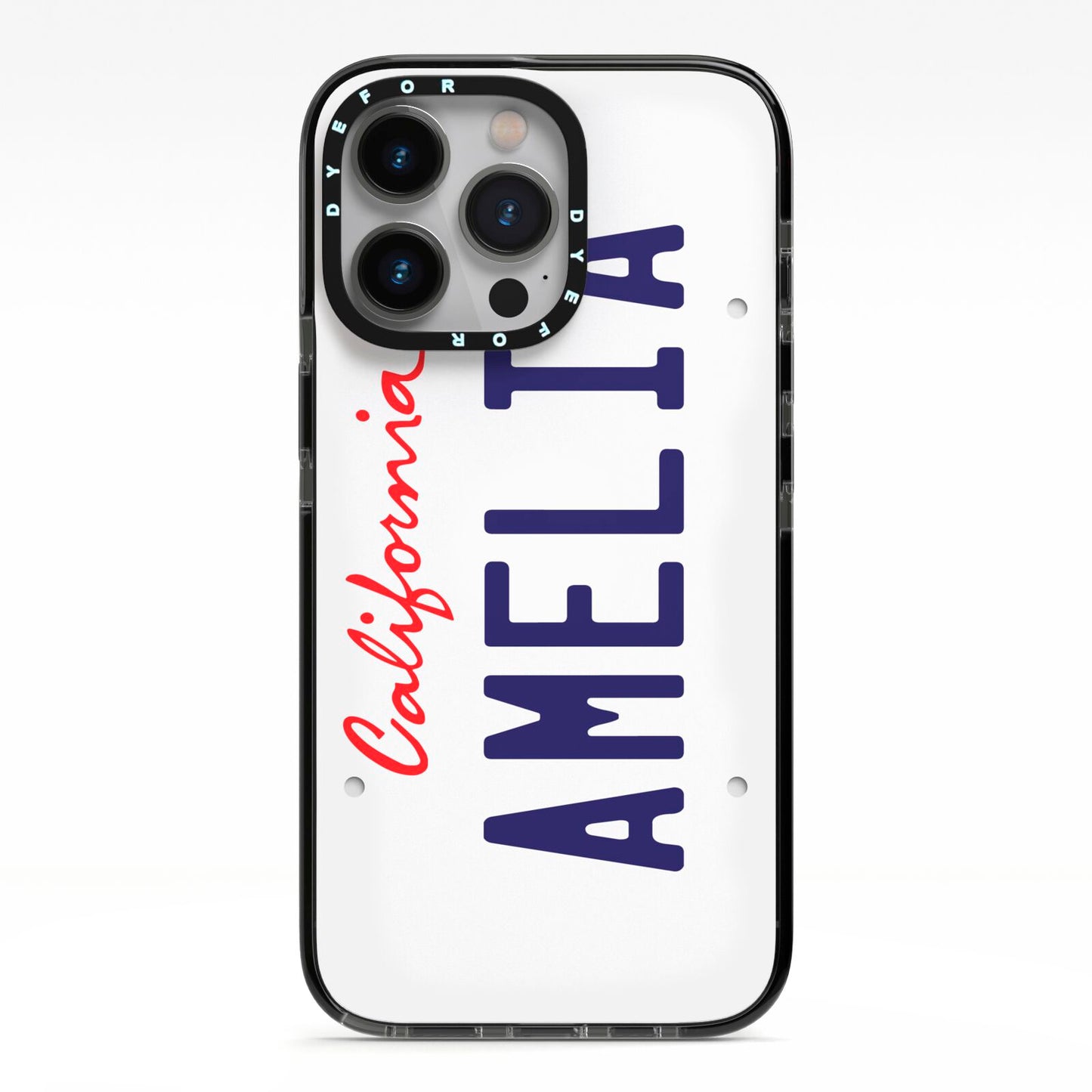 Personalised California License Plate iPhone 13 Pro Black Impact Case on Silver phone