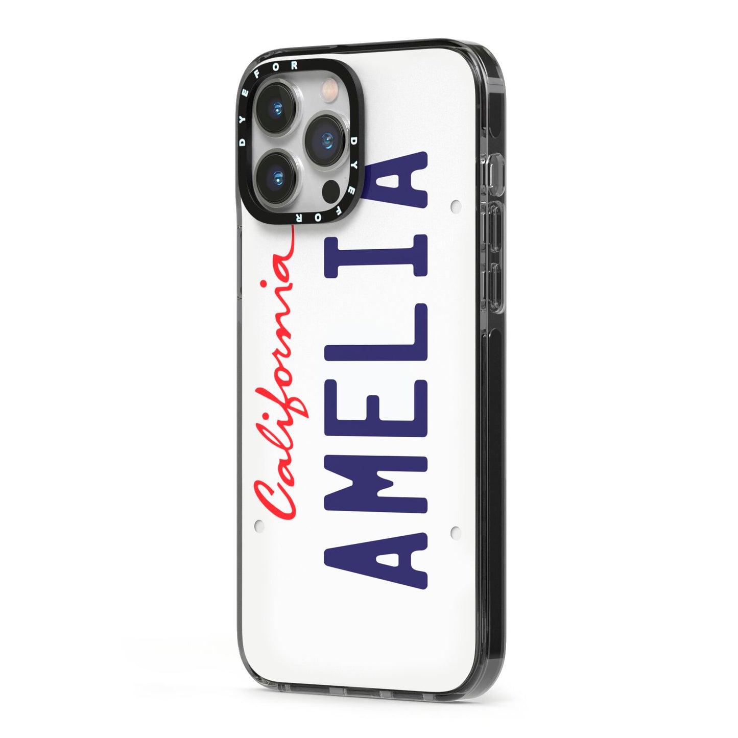 Personalised California License Plate iPhone 13 Pro Max Black Impact Case Side Angle on Silver phone