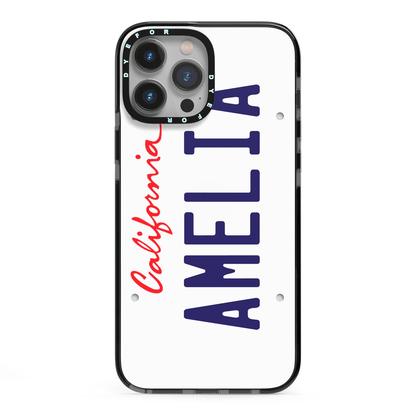 Personalised California License Plate iPhone 13 Pro Max Black Impact Case on Silver phone