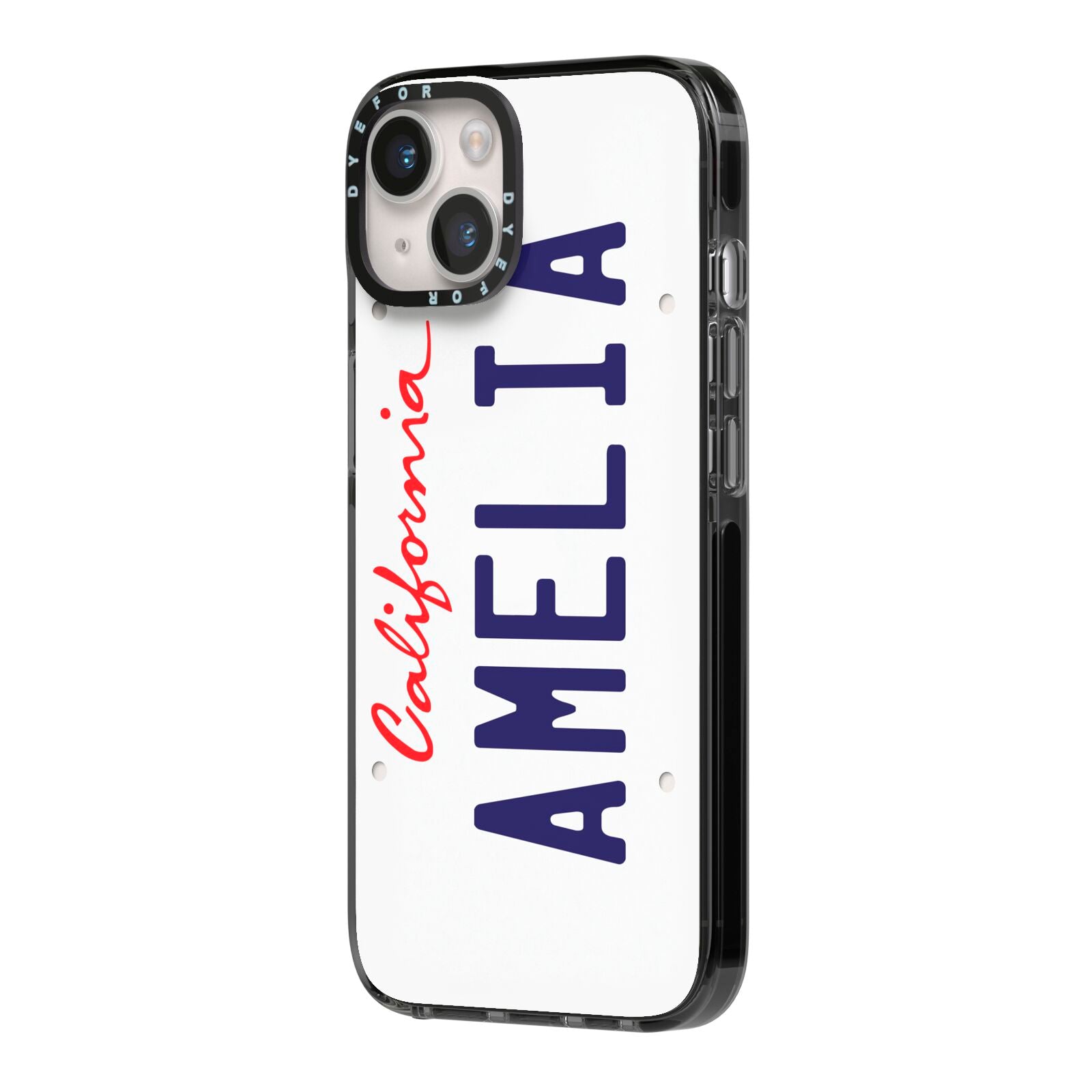 Personalised California License Plate iPhone 14 Black Impact Case Side Angle on Silver phone