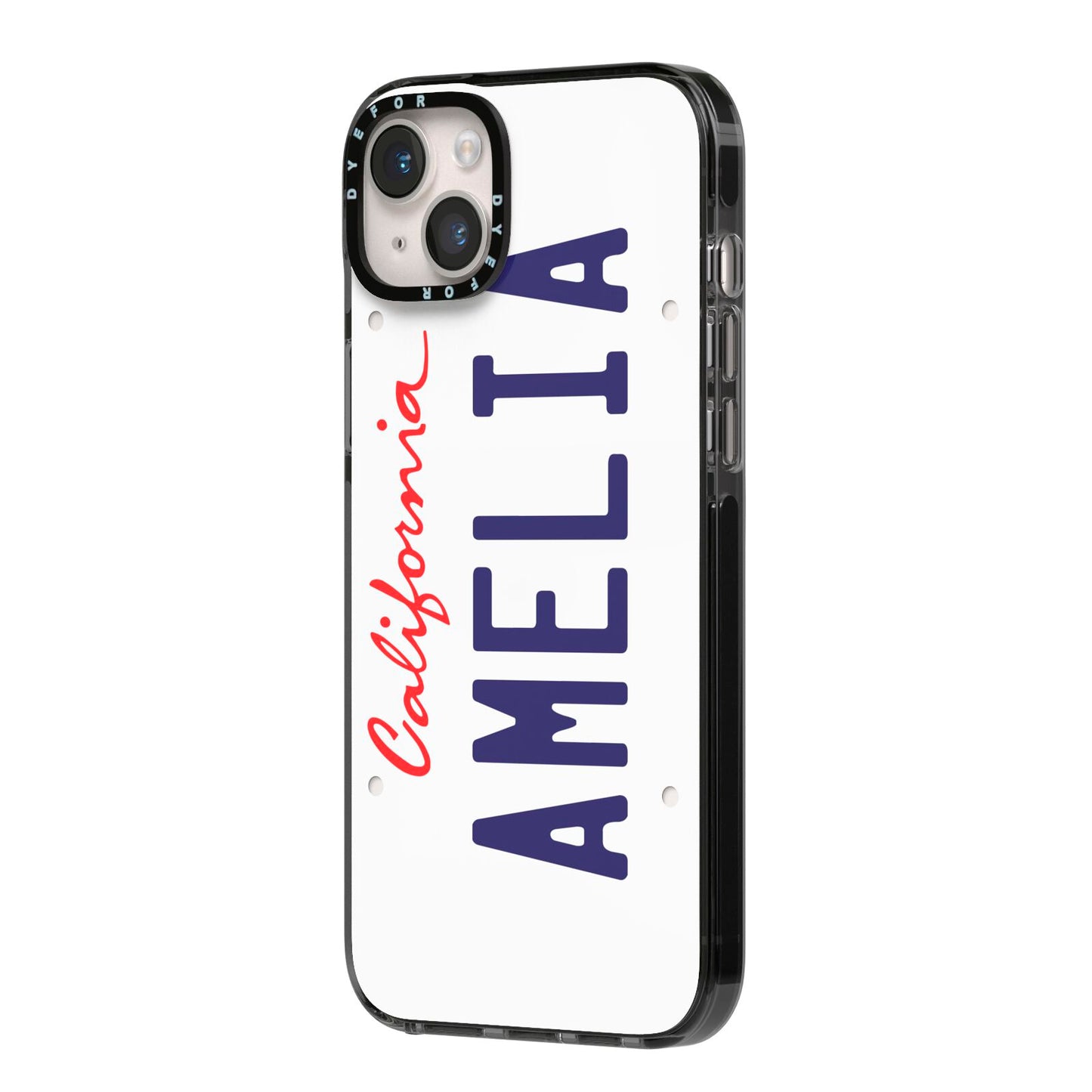 Personalised California License Plate iPhone 14 Plus Black Impact Case Side Angle on Silver phone