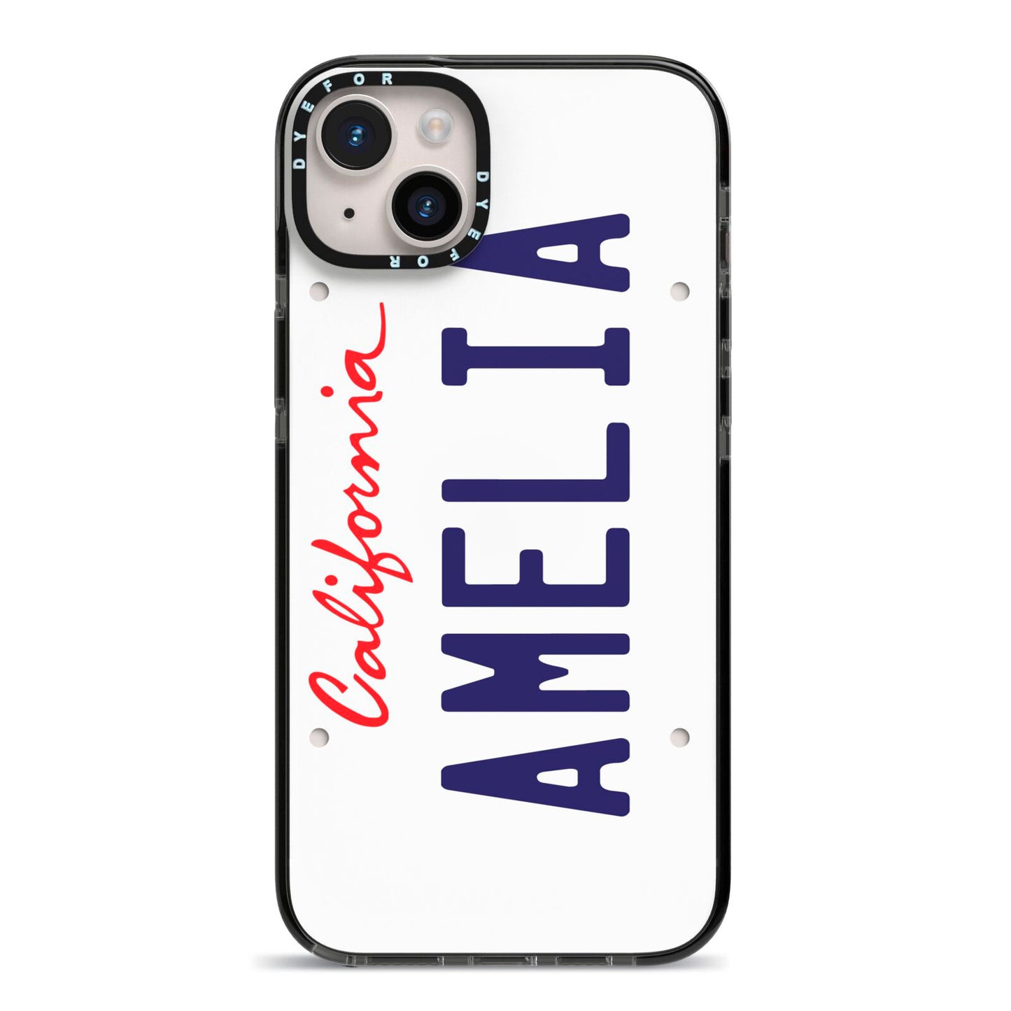 Personalised California License Plate iPhone 14 Plus Black Impact Case on Silver phone