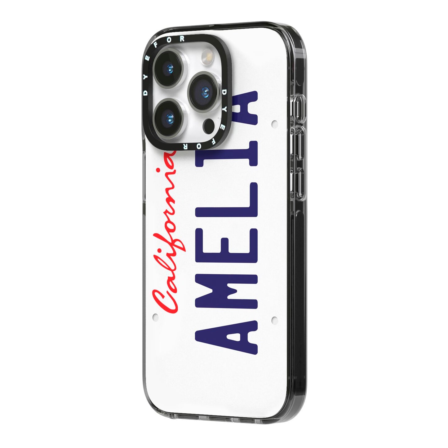 Personalised California License Plate iPhone 14 Pro Black Impact Case Side Angle on Silver phone