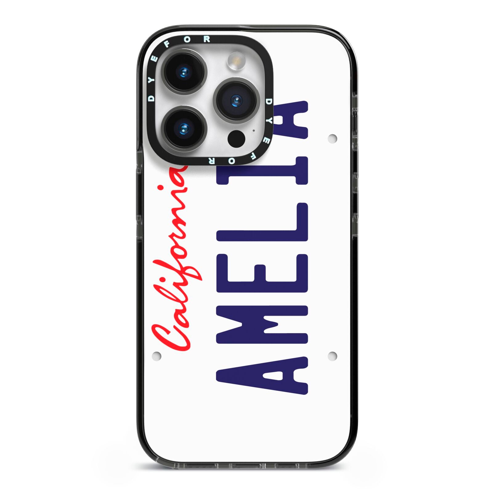 Personalised California License Plate iPhone 14 Pro Black Impact Case on Silver phone