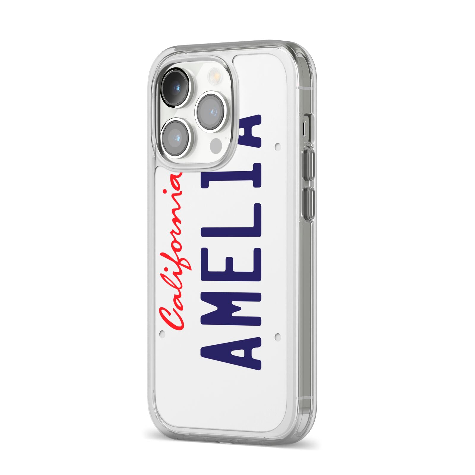 Personalised California License Plate iPhone 14 Pro Clear Tough Case Silver Angled Image