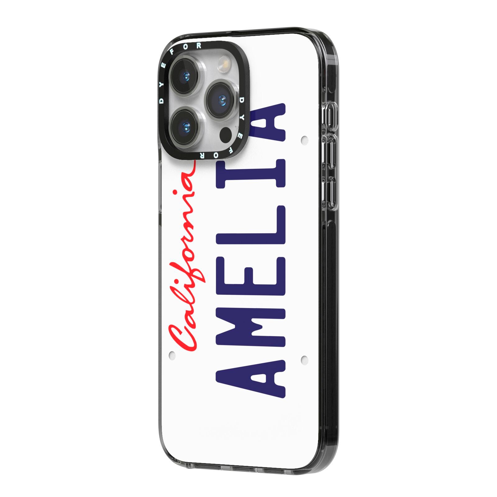 Personalised California License Plate iPhone 14 Pro Max Black Impact Case Side Angle on Silver phone