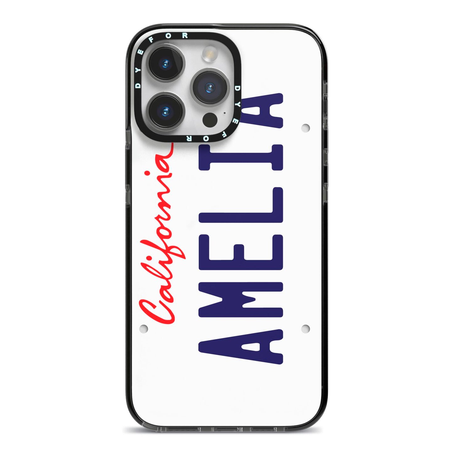 Personalised California License Plate iPhone 14 Pro Max Black Impact Case on Silver phone