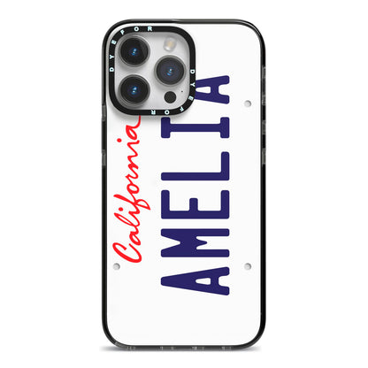 Personalised California License Plate iPhone 14 Pro Max Black Impact Case on Silver phone