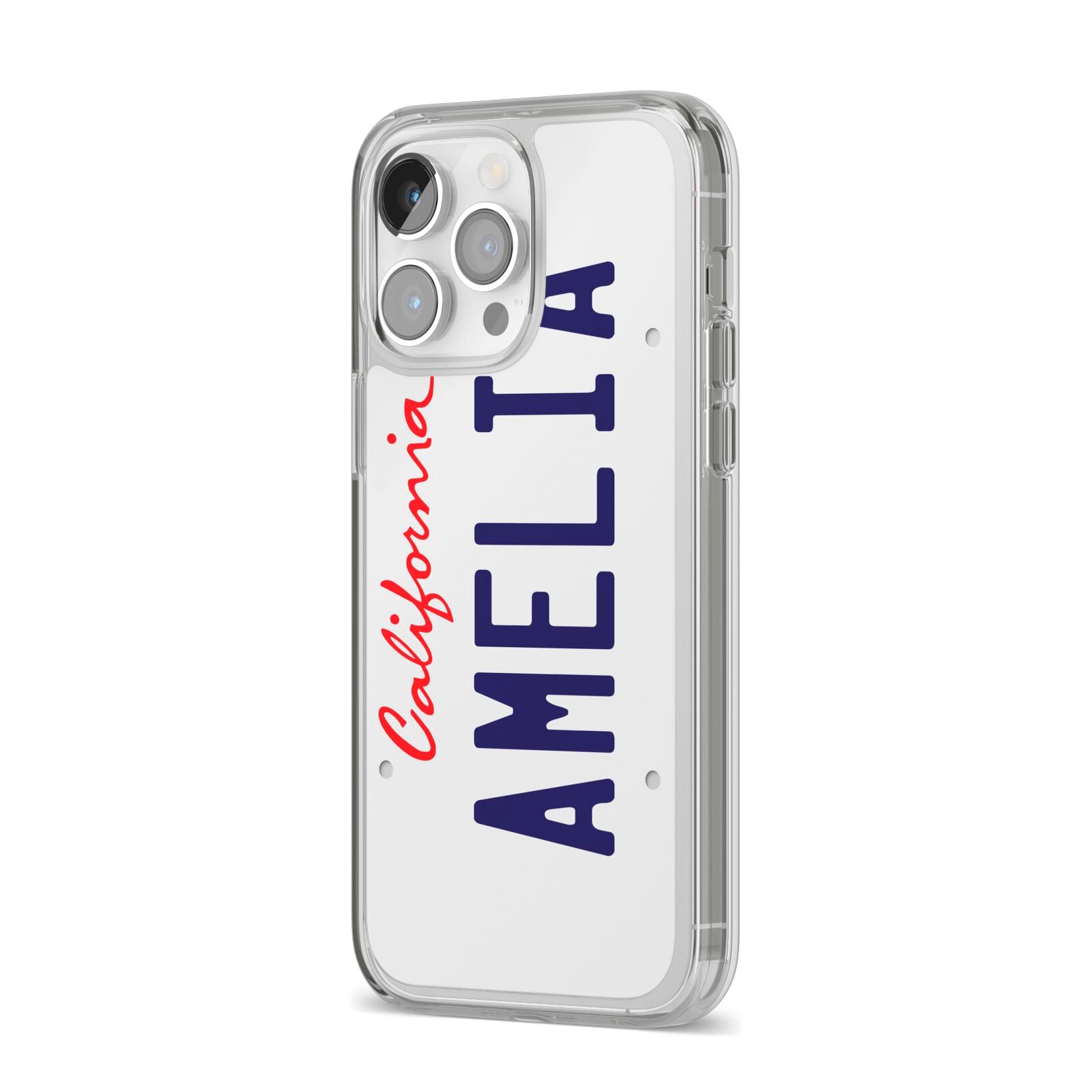 Personalised California License Plate iPhone 14 Pro Max Clear Tough Case Silver Angled Image