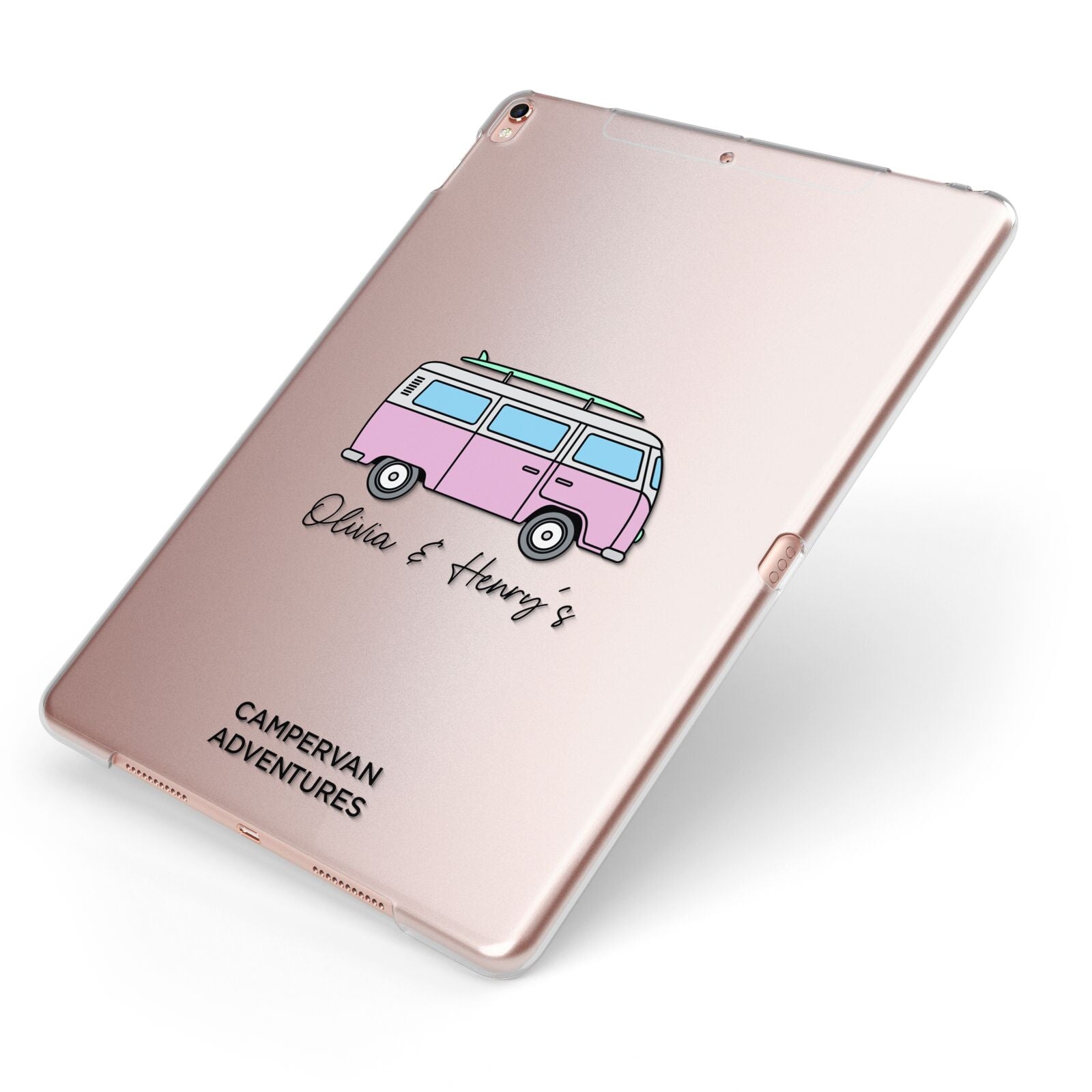 Personalised Campervan Adventures Apple iPad Case on Rose Gold iPad Side View