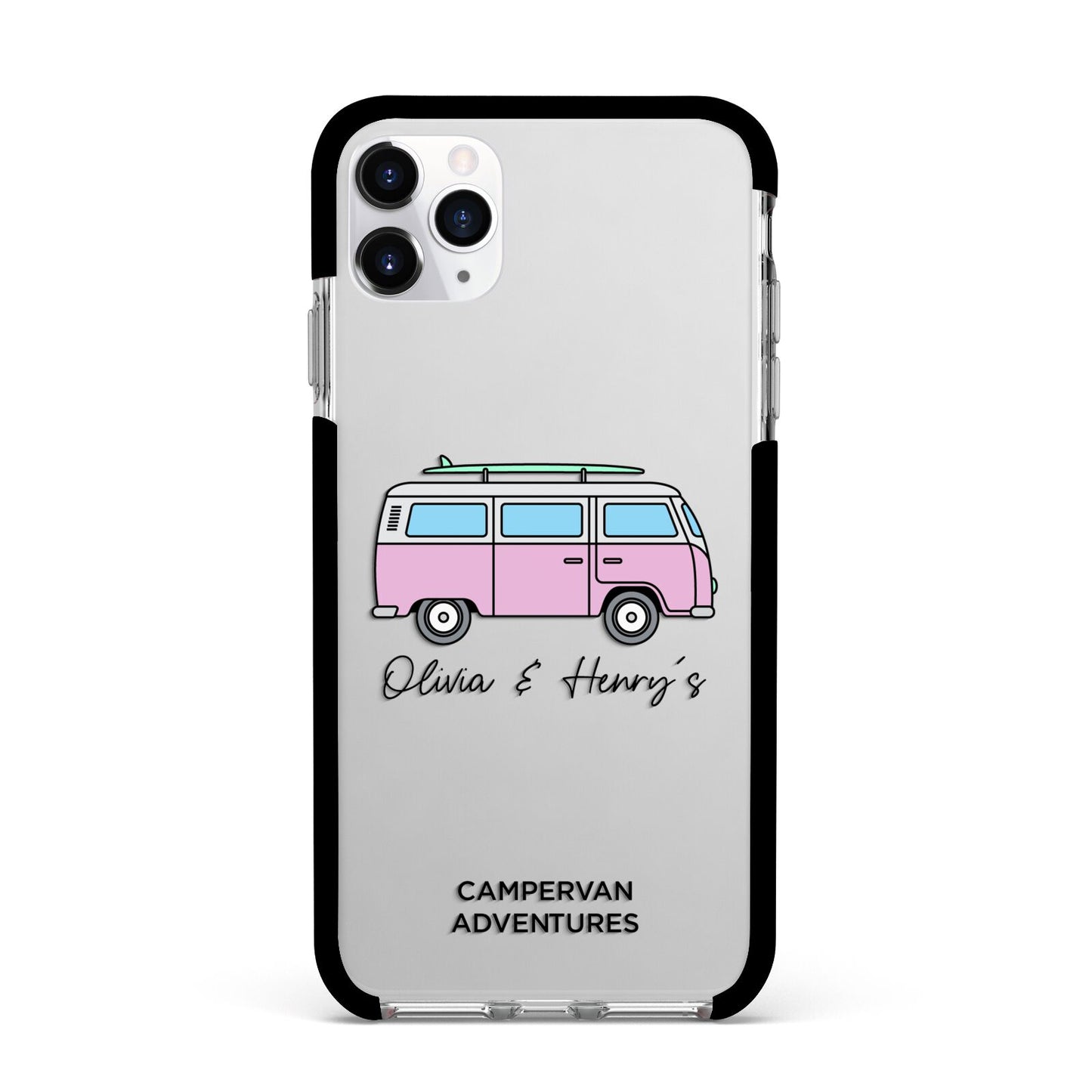 Personalised Campervan Adventures Apple iPhone 11 Pro Max in Silver with Black Impact Case