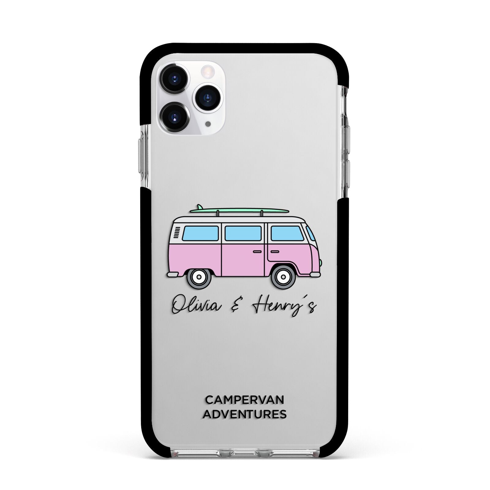 Personalised Campervan Adventures Apple iPhone 11 Pro Max in Silver with Black Impact Case