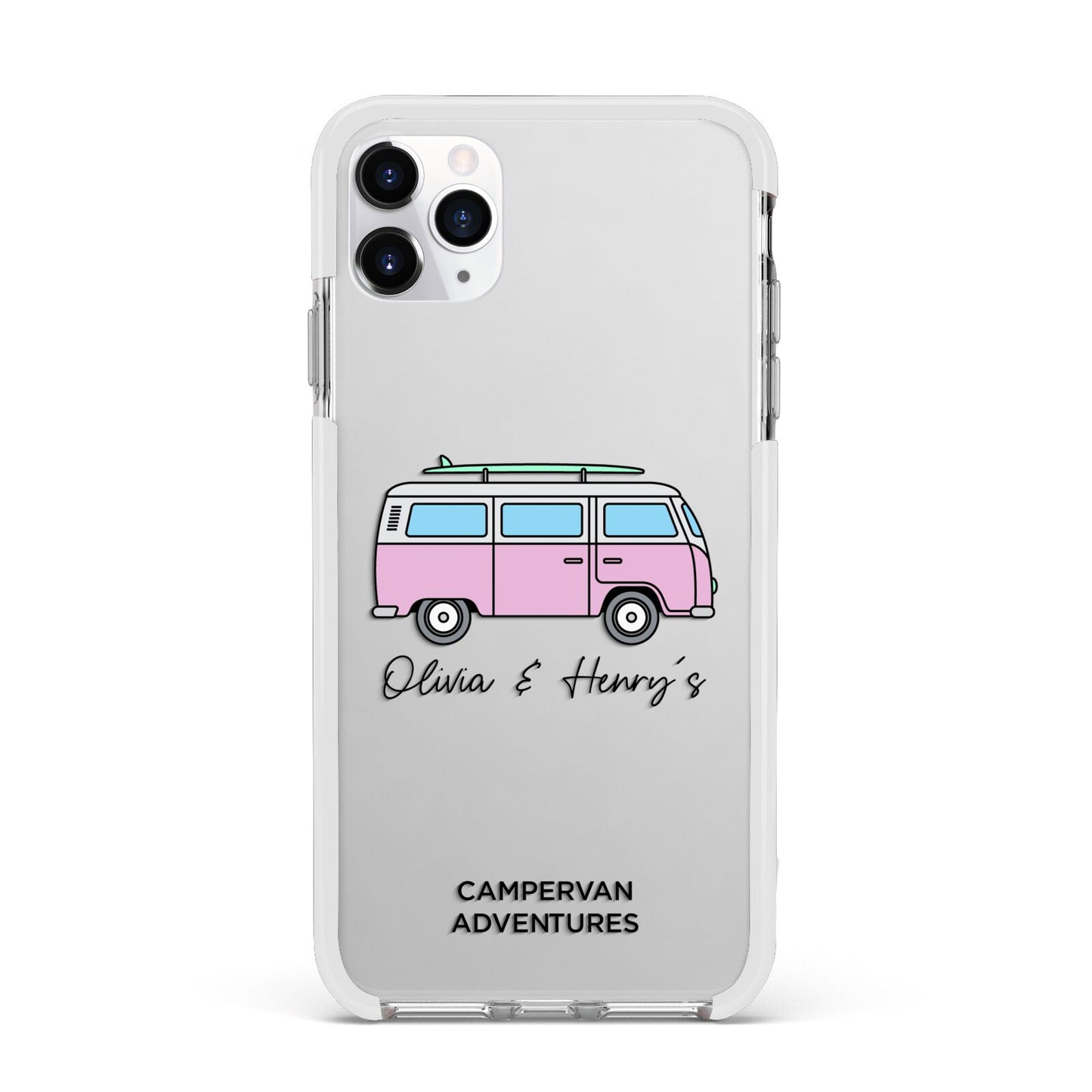 Personalised Campervan Adventures Apple iPhone 11 Pro Max in Silver with White Impact Case