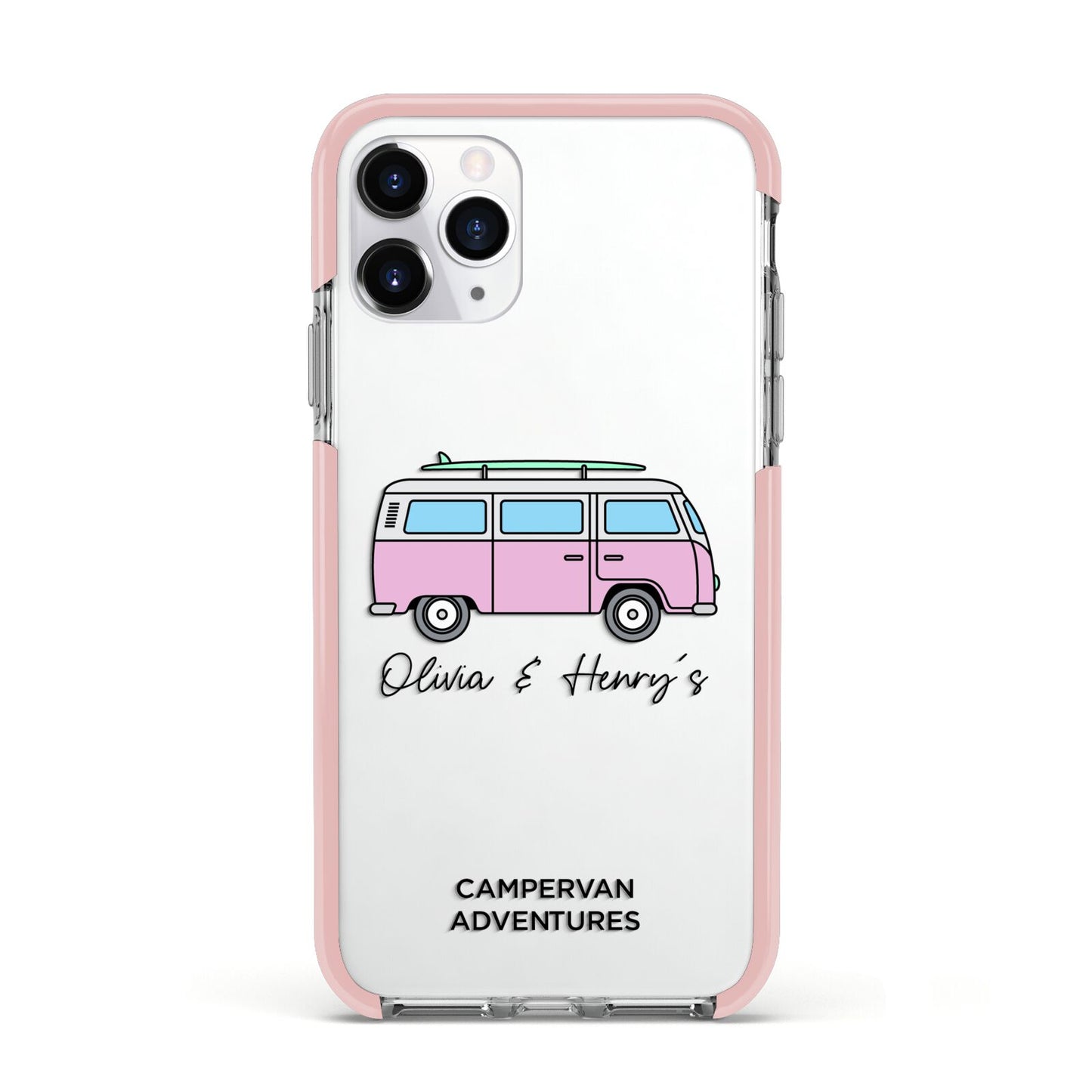 Personalised Campervan Adventures Apple iPhone 11 Pro in Silver with Pink Impact Case