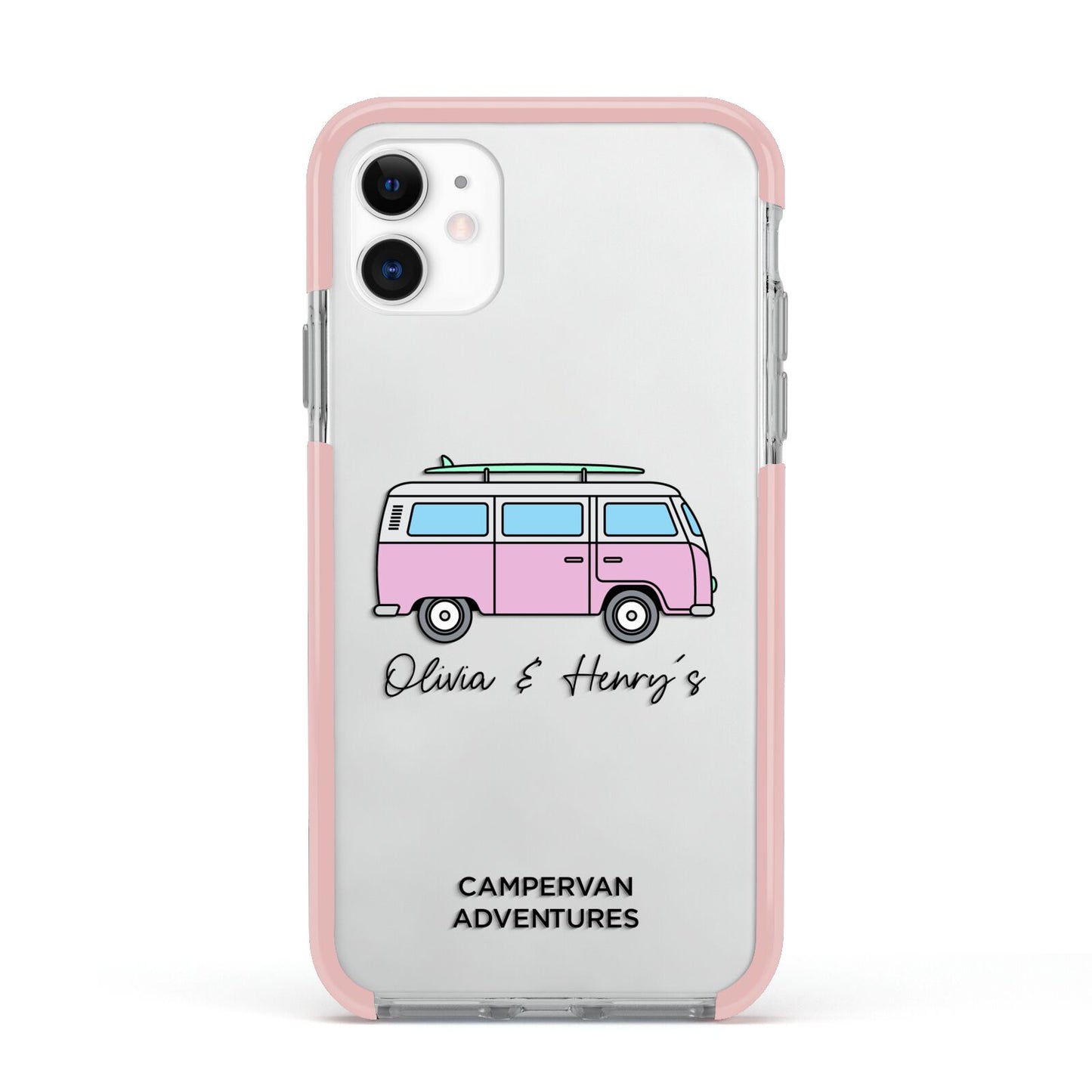 Personalised Campervan Adventures Apple iPhone 11 in White with Pink Impact Case