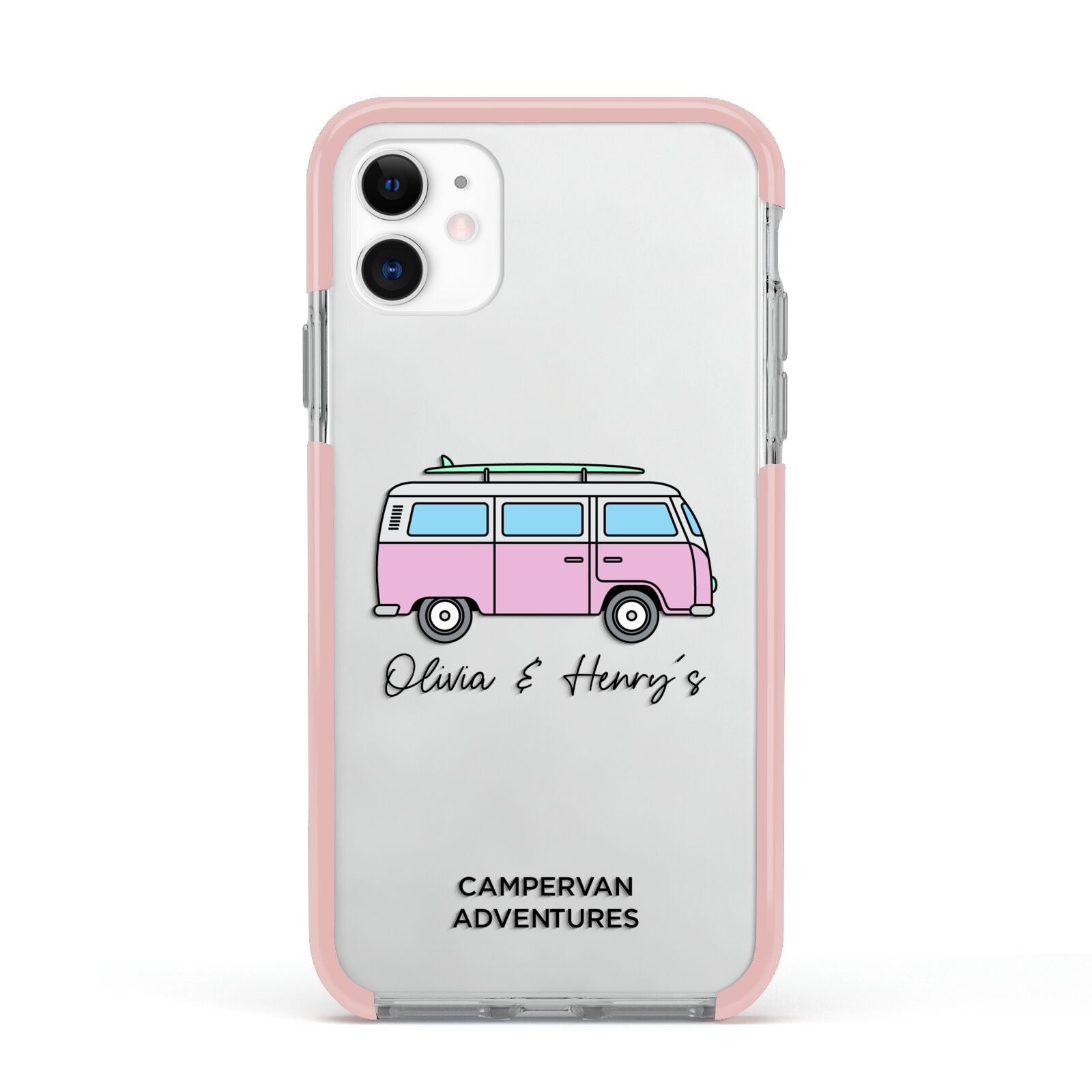 Personalised Campervan Adventures Apple iPhone 11 in White with Pink Impact Case