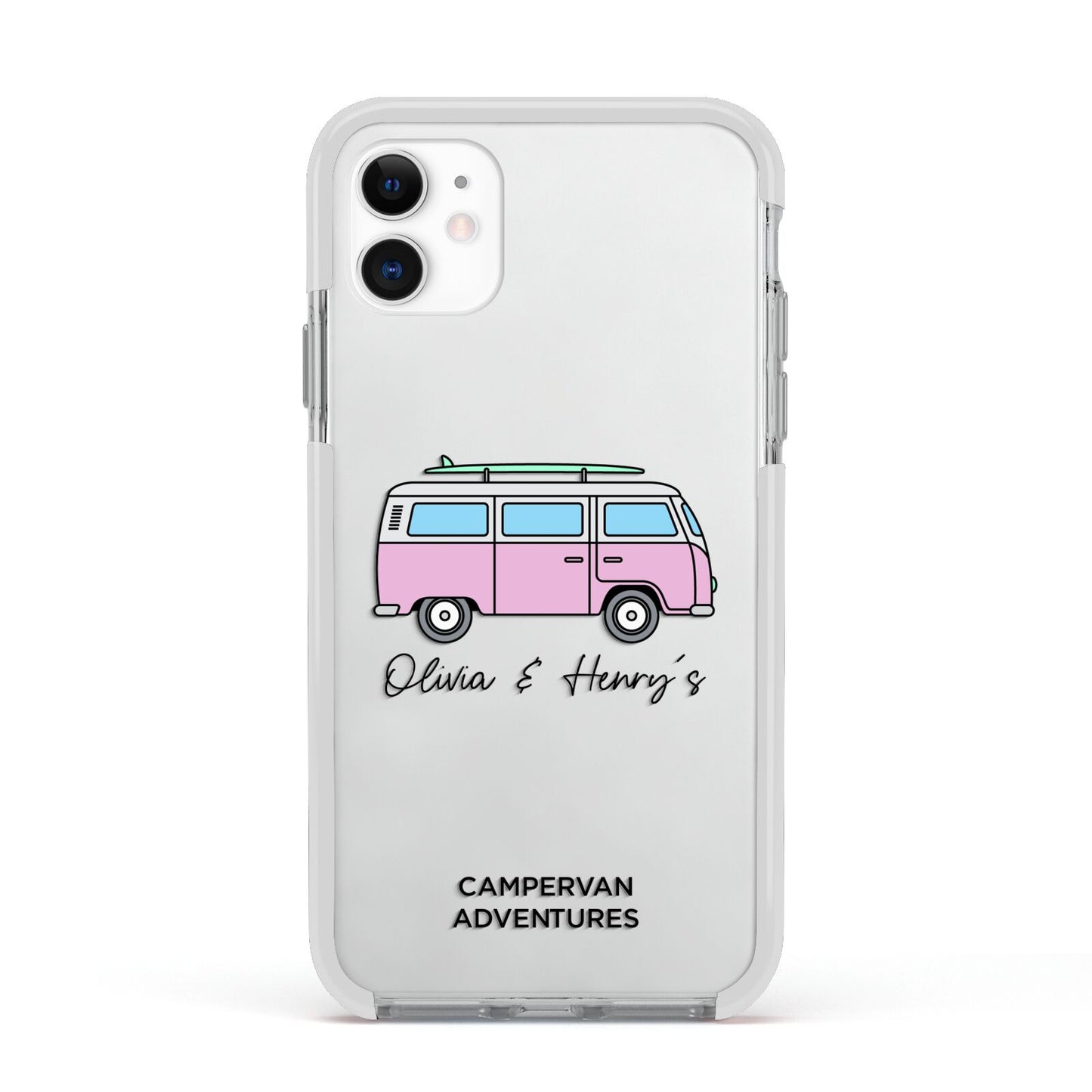 Personalised Campervan Adventures Apple iPhone 11 in White with White Impact Case