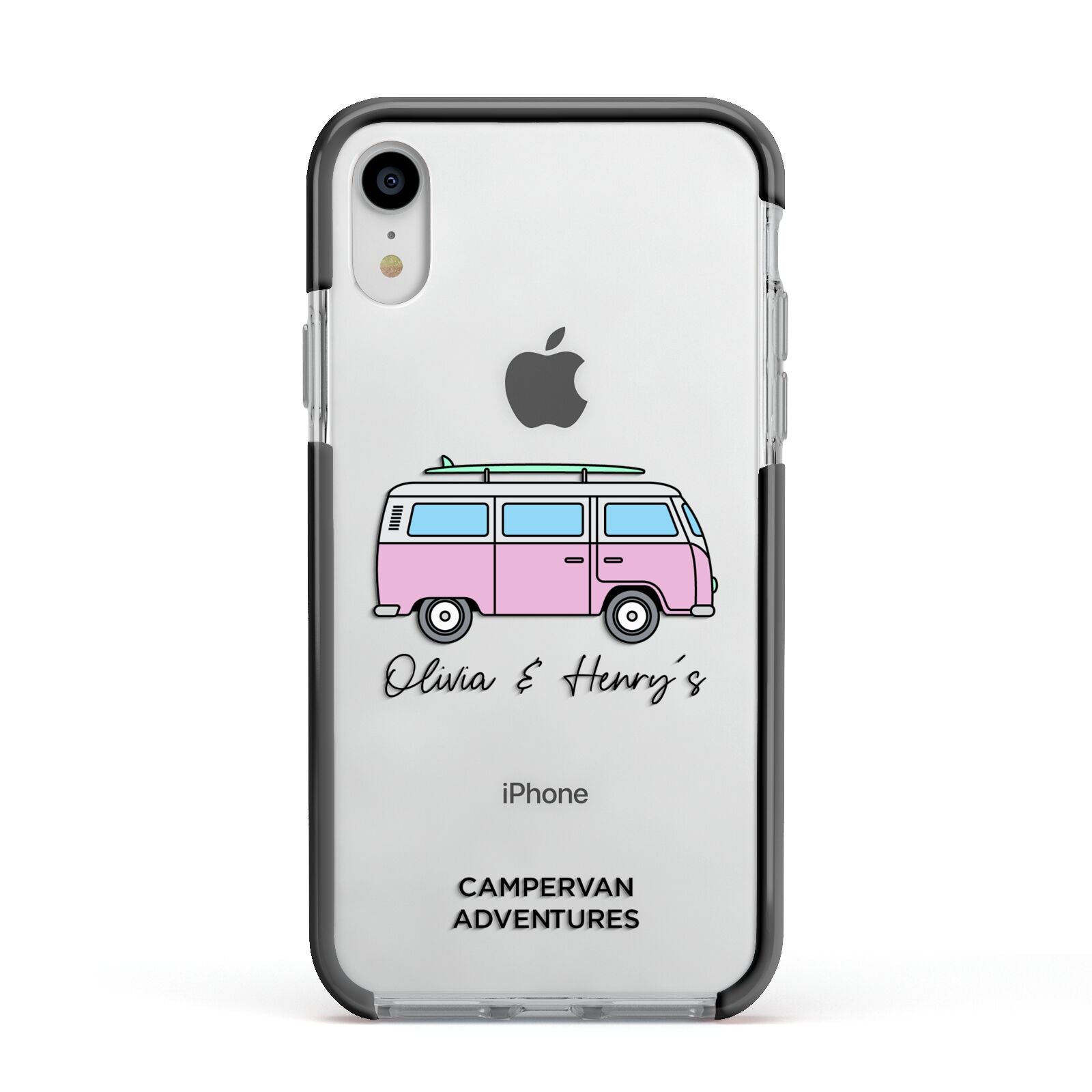 Personalised Campervan Adventures Apple iPhone XR Impact Case Black Edge on Silver Phone