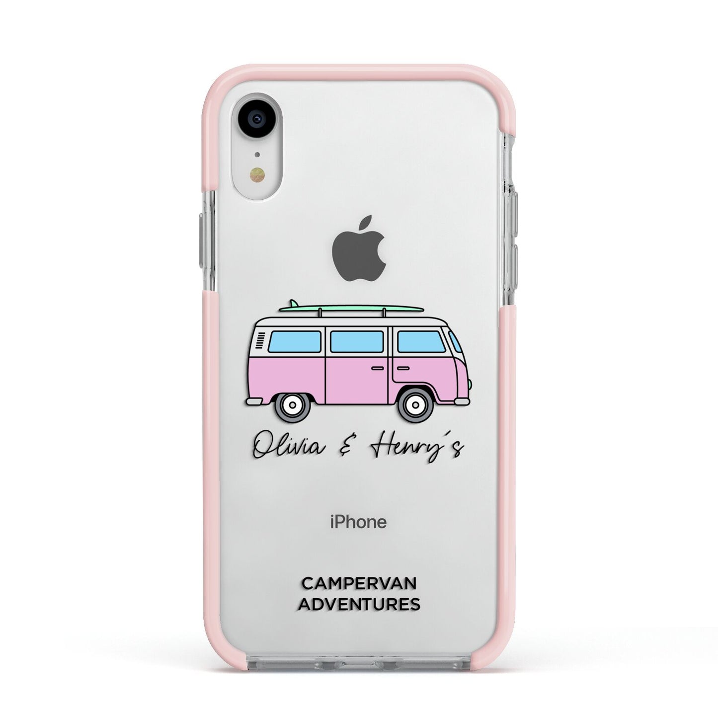 Personalised Campervan Adventures Apple iPhone XR Impact Case Pink Edge on Silver Phone