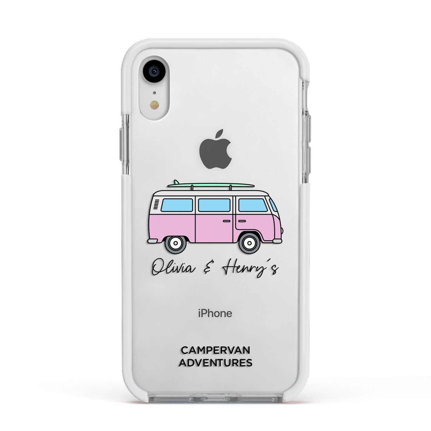 Personalised Campervan Adventures Apple iPhone XR Impact Case White Edge on Silver Phone