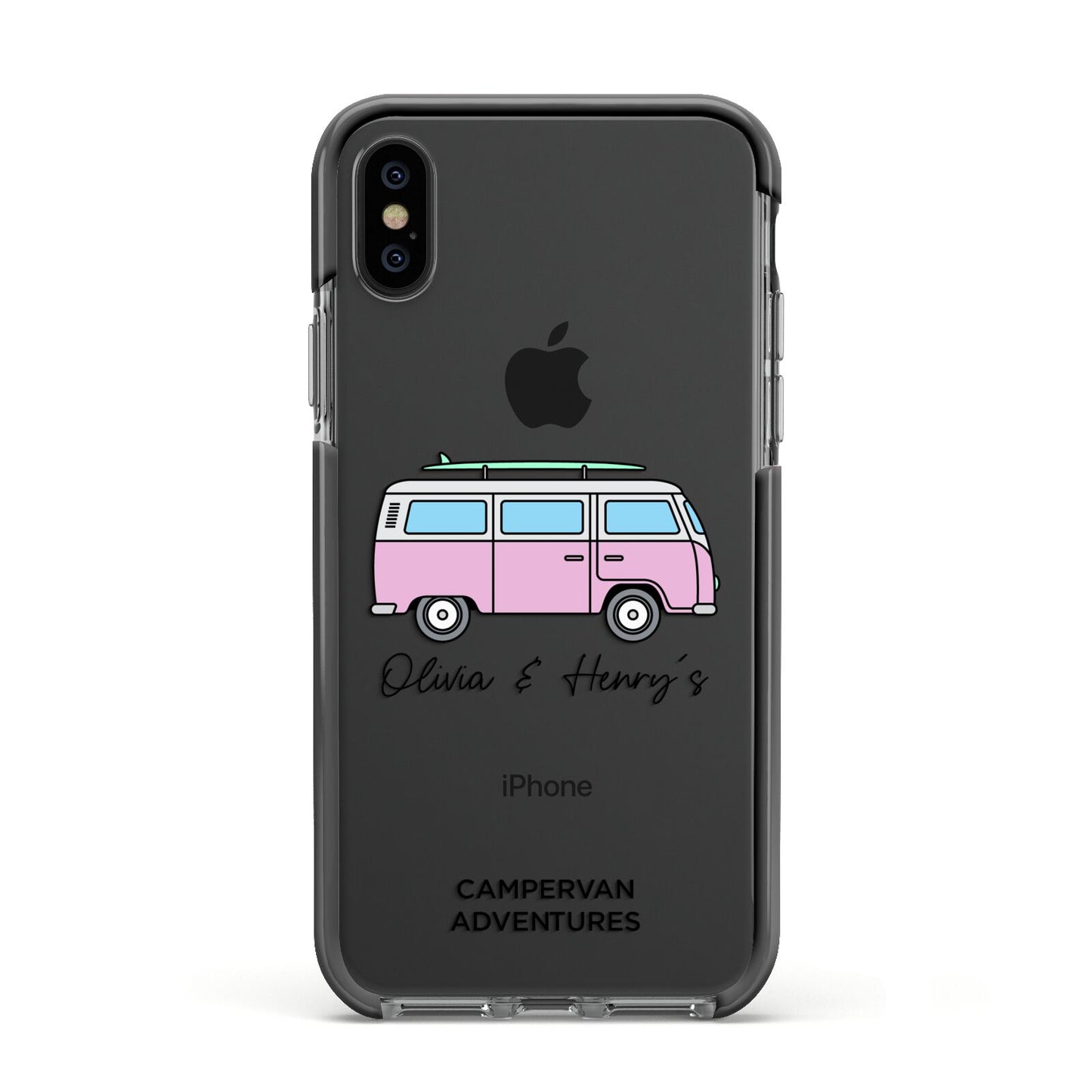 Personalised Campervan Adventures Apple iPhone Xs Impact Case Black Edge on Black Phone