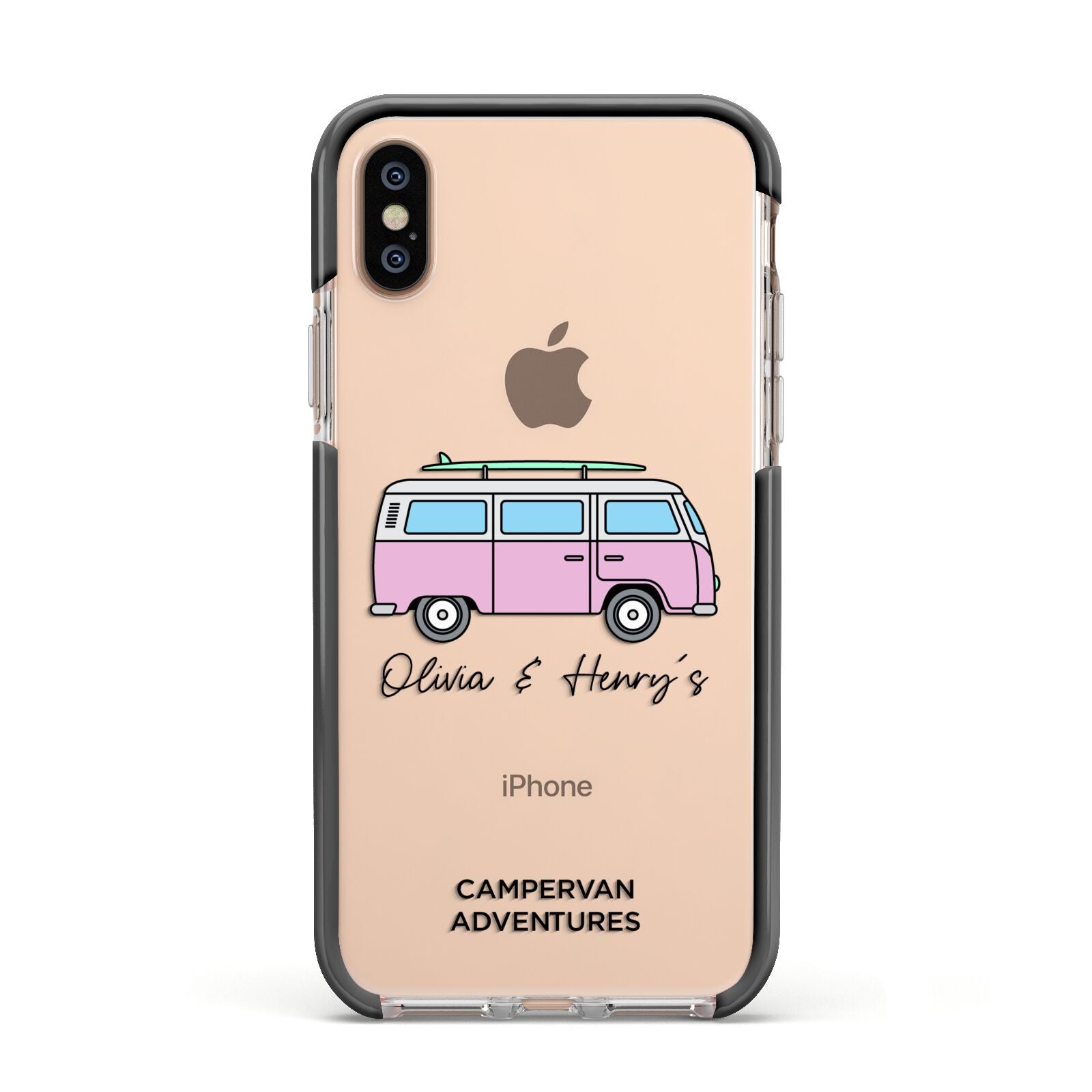 Personalised Campervan Adventures Apple iPhone Xs Impact Case Black Edge on Gold Phone