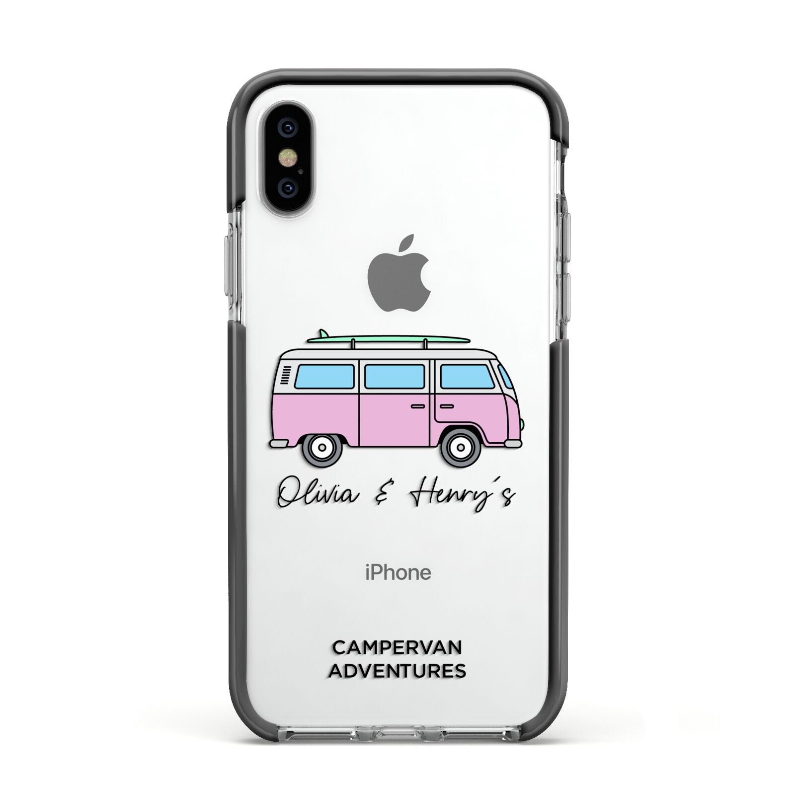 Personalised Campervan Adventures Apple iPhone Xs Impact Case Black Edge on Silver Phone