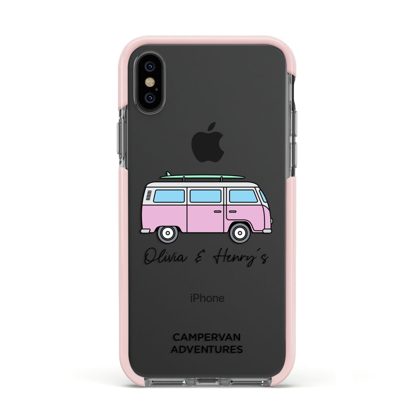 Personalised Campervan Adventures Apple iPhone Xs Impact Case Pink Edge on Black Phone