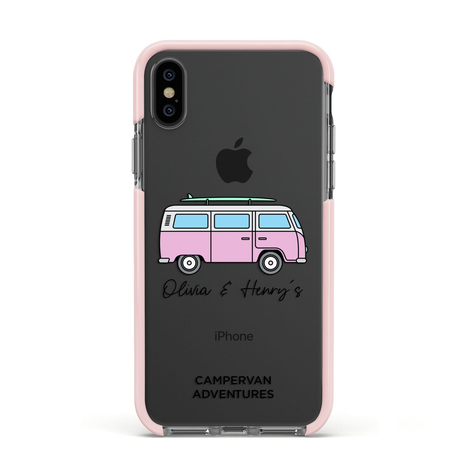 Personalised Campervan Adventures Apple iPhone Xs Impact Case Pink Edge on Black Phone