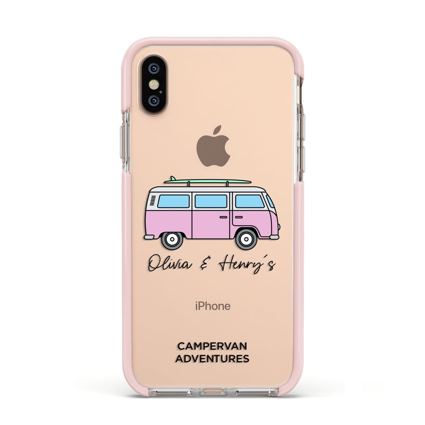 Personalised Campervan Adventures Apple iPhone Xs Impact Case Pink Edge on Gold Phone