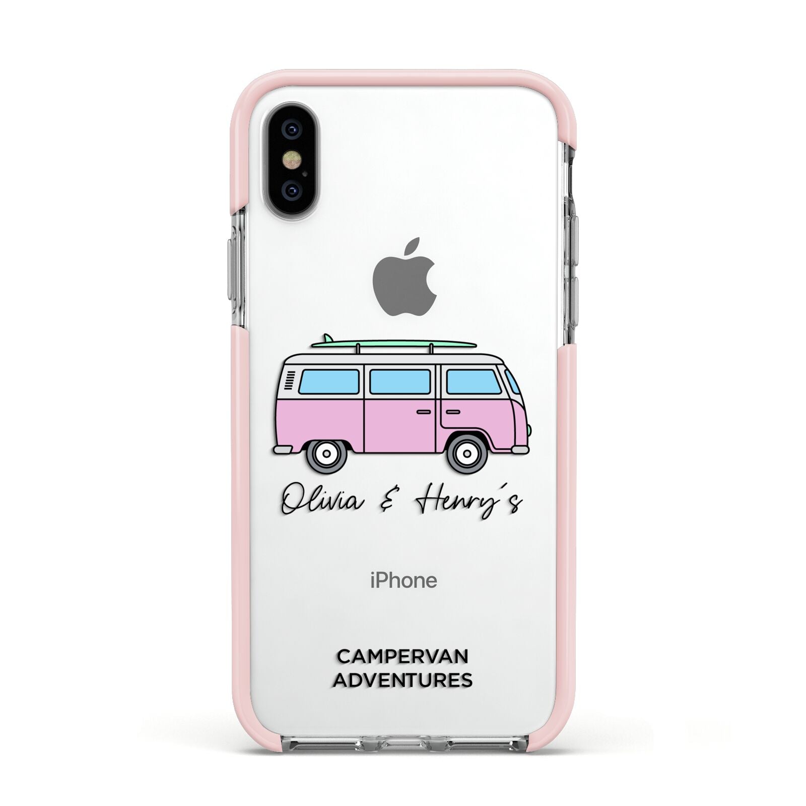 Personalised Campervan Adventures Apple iPhone Xs Impact Case Pink Edge on Silver Phone