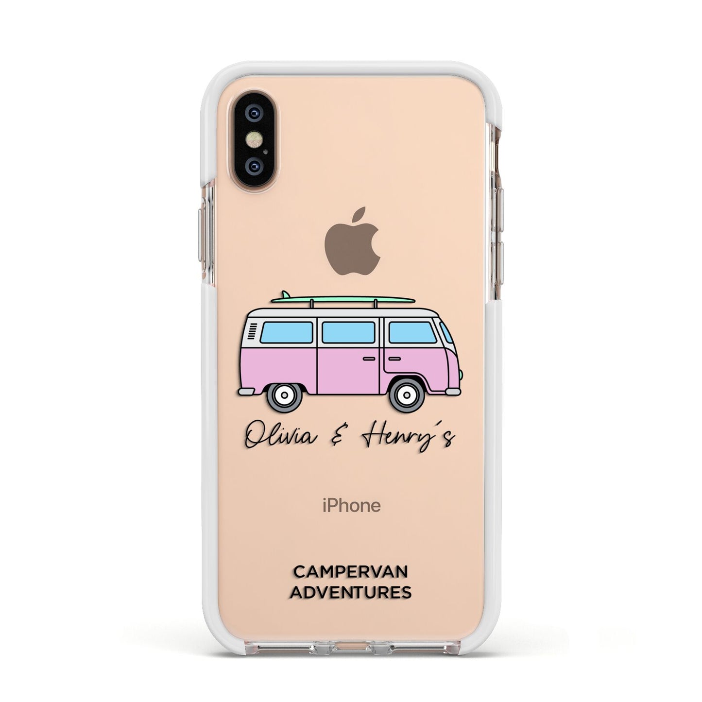 Personalised Campervan Adventures Apple iPhone Xs Impact Case White Edge on Gold Phone